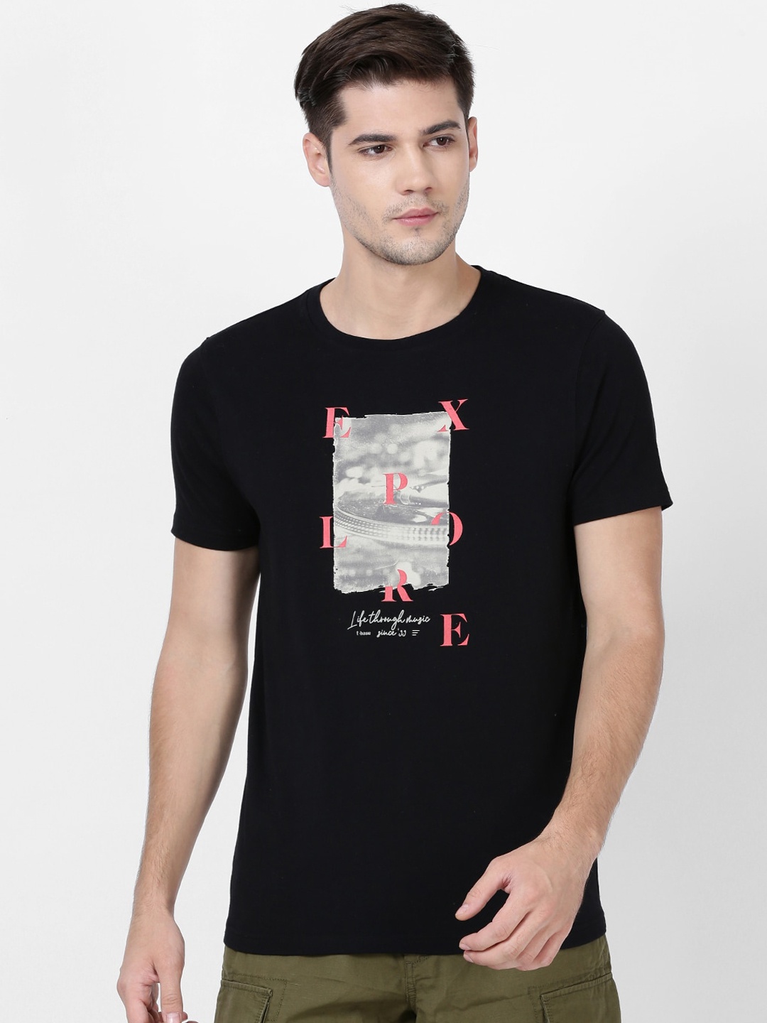 

t-base Men Black Printed Round Neck T-shirt