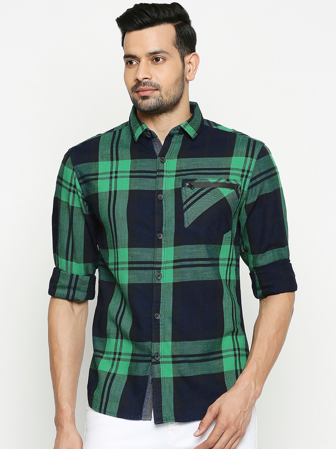 

SF JEANS by Pantaloons Men Green & Navy Blue Checked Casual Shirt