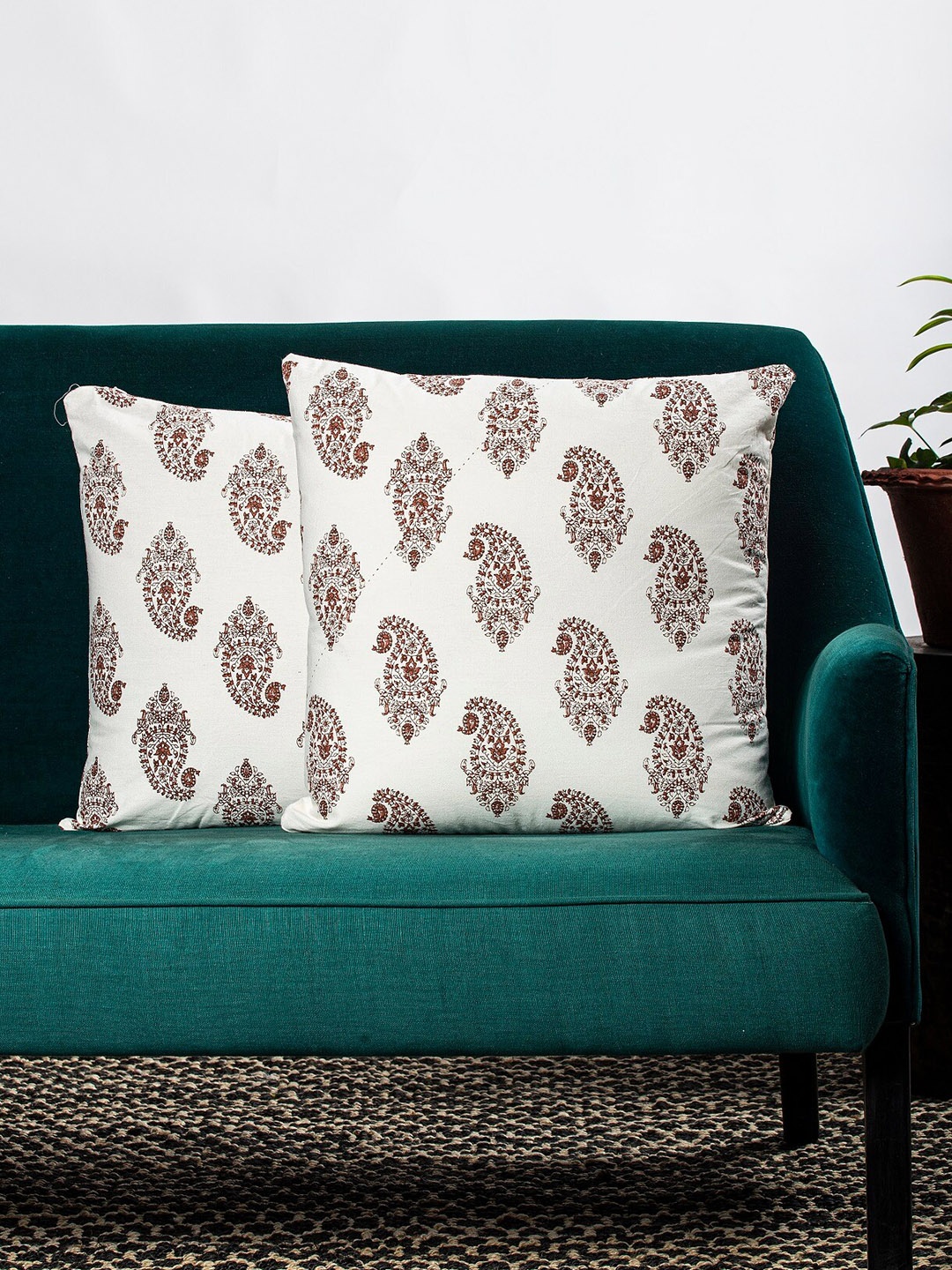 Contrast Living White & Brown Set of 2 Ethnic Motifs Square Cushion Covers