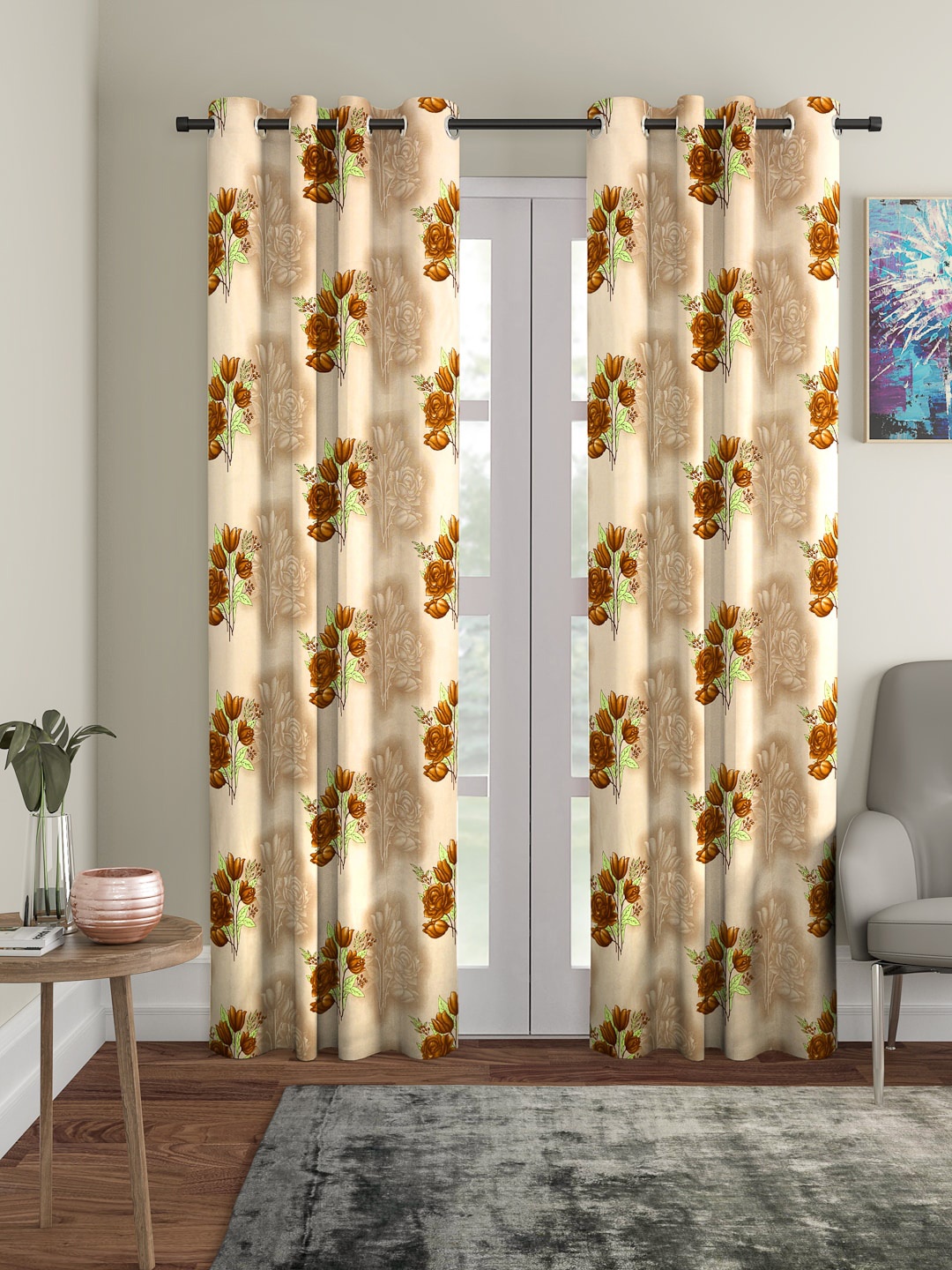 

Cortina Beige & Brown Set of 2 Floral Printed Long Door Curtain