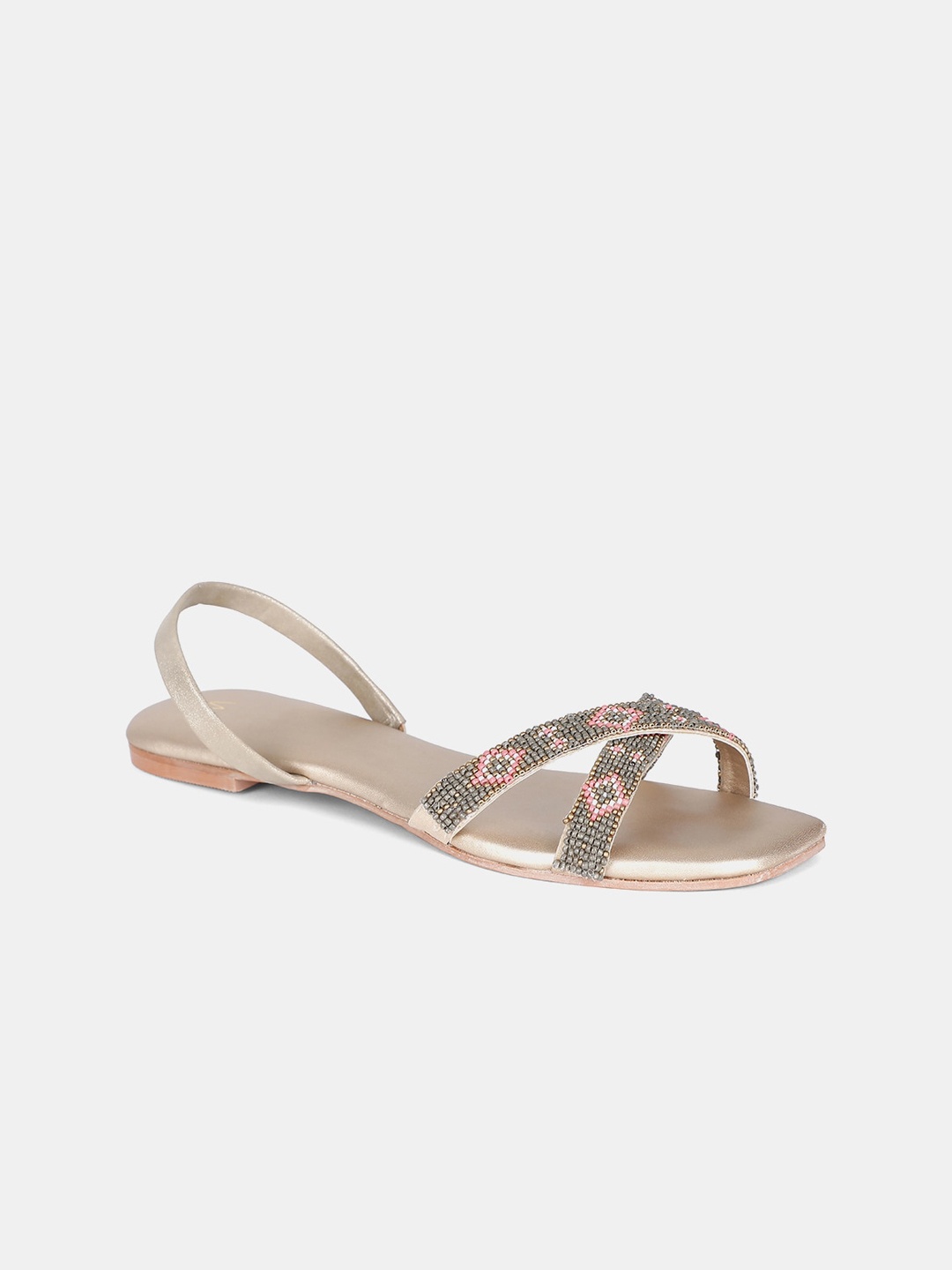 

W The Folksong Collection Women Gold-Toned Embellished PU Open Toe Flats