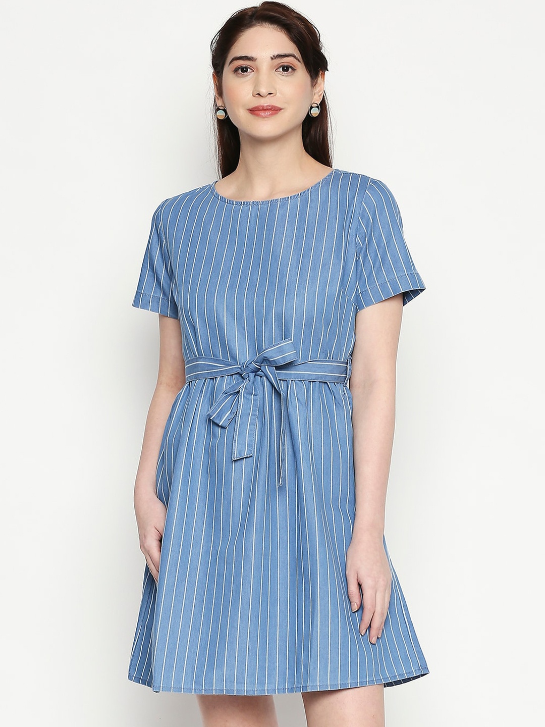 

People Blue Striped Fit and Flare Dress