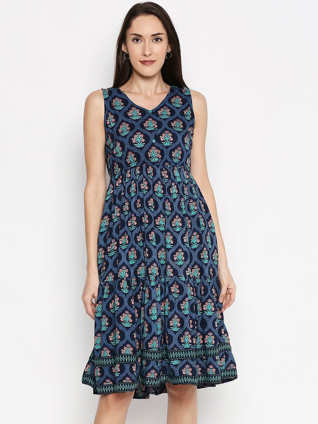 

People Women Navy Blue Printed Fit and Flare Dress