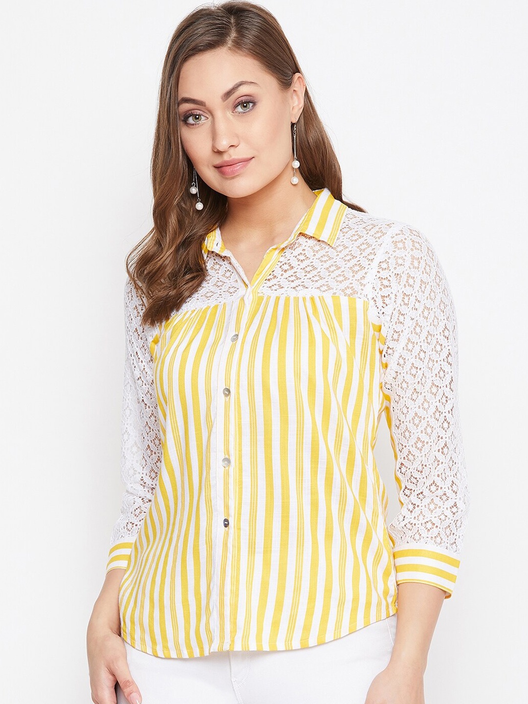 

WineRed Yellow Striped Shirt Style Top