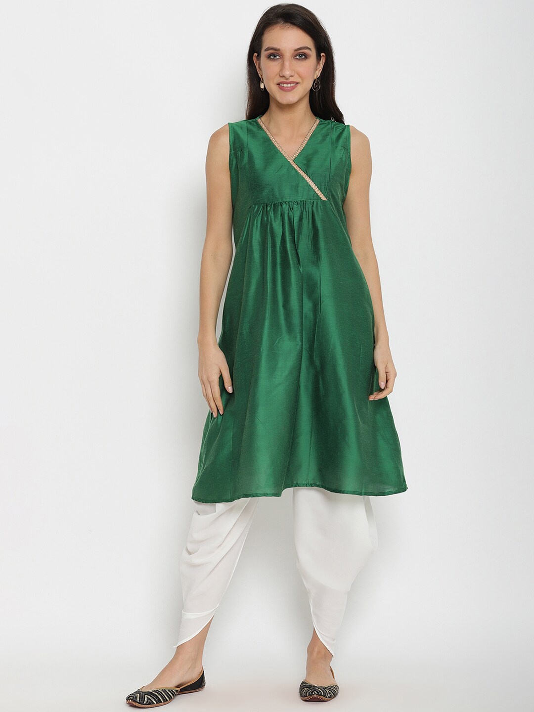 Abhishti Layered Yoke Design A-Line Kurta, Green