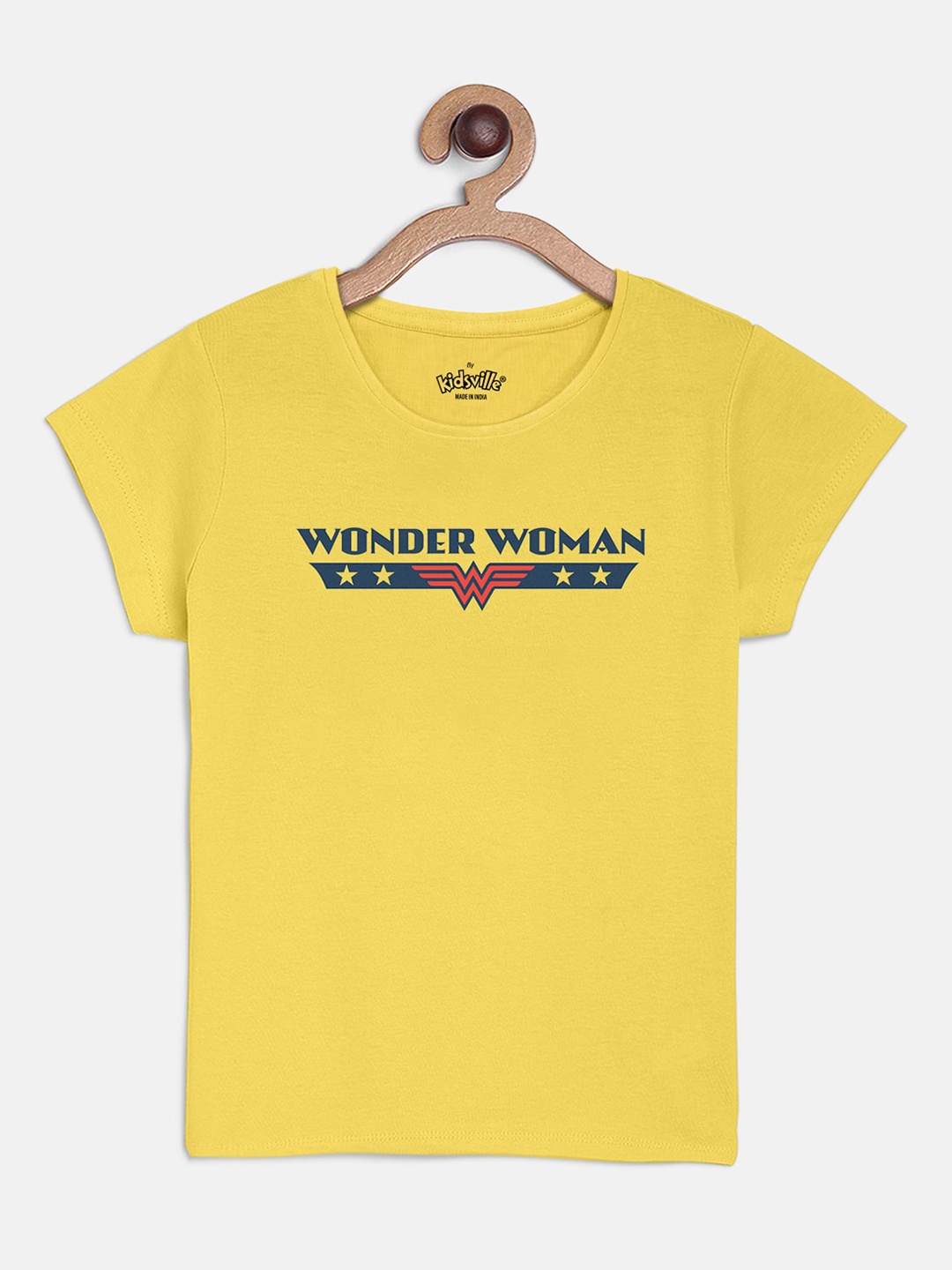 Kids Ville Wonder Woman Printed Yellow Pure Cotton T-shirt for Girls