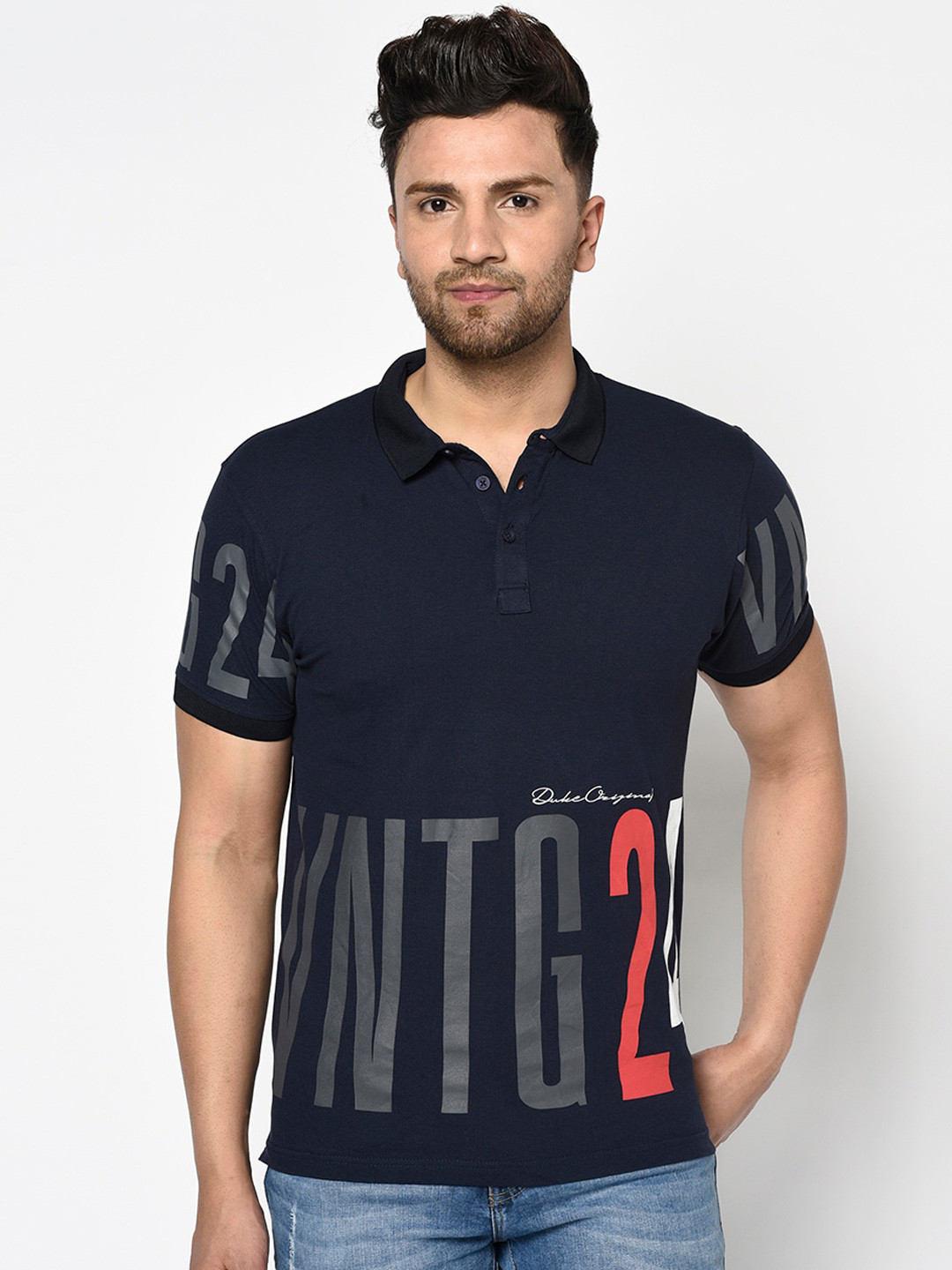 

Duke Men Navy Blue Printed Polo Collar Cotton T-shirt