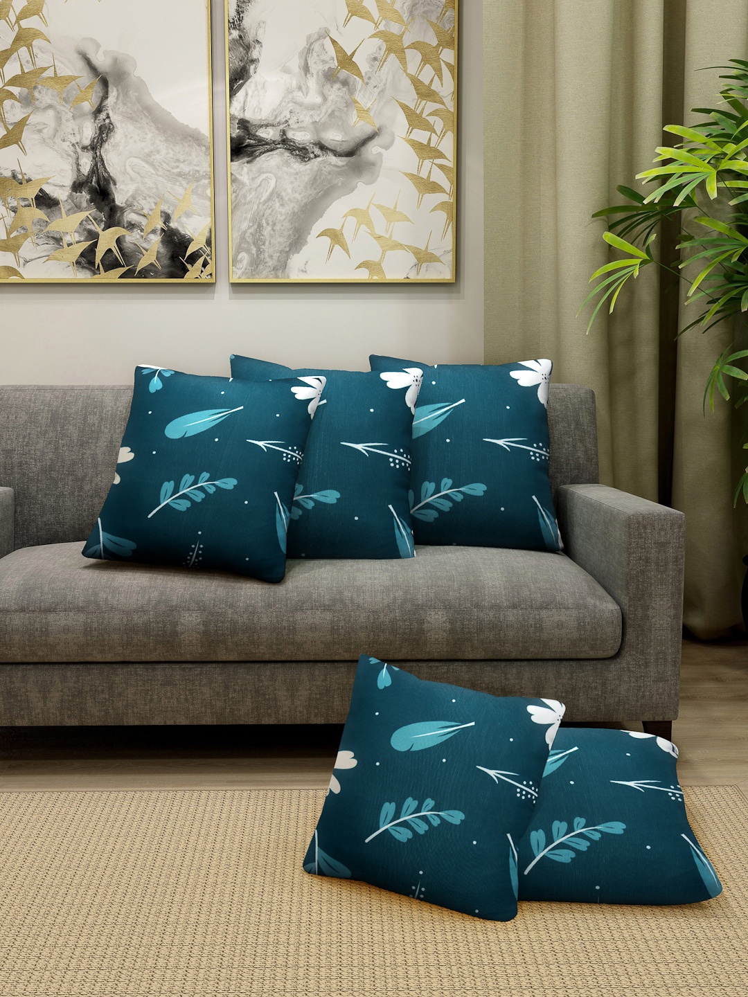 

Cortina Sea Green & White Set of 5 Floral Square Cushion Covers
