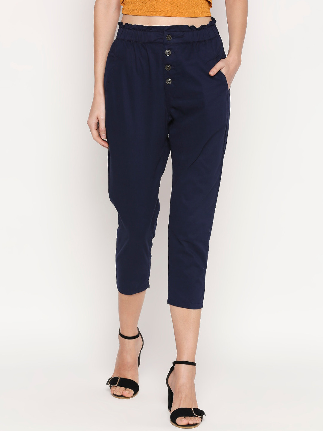 

People Women Navy Blue Solid Regular Cropped Trousers