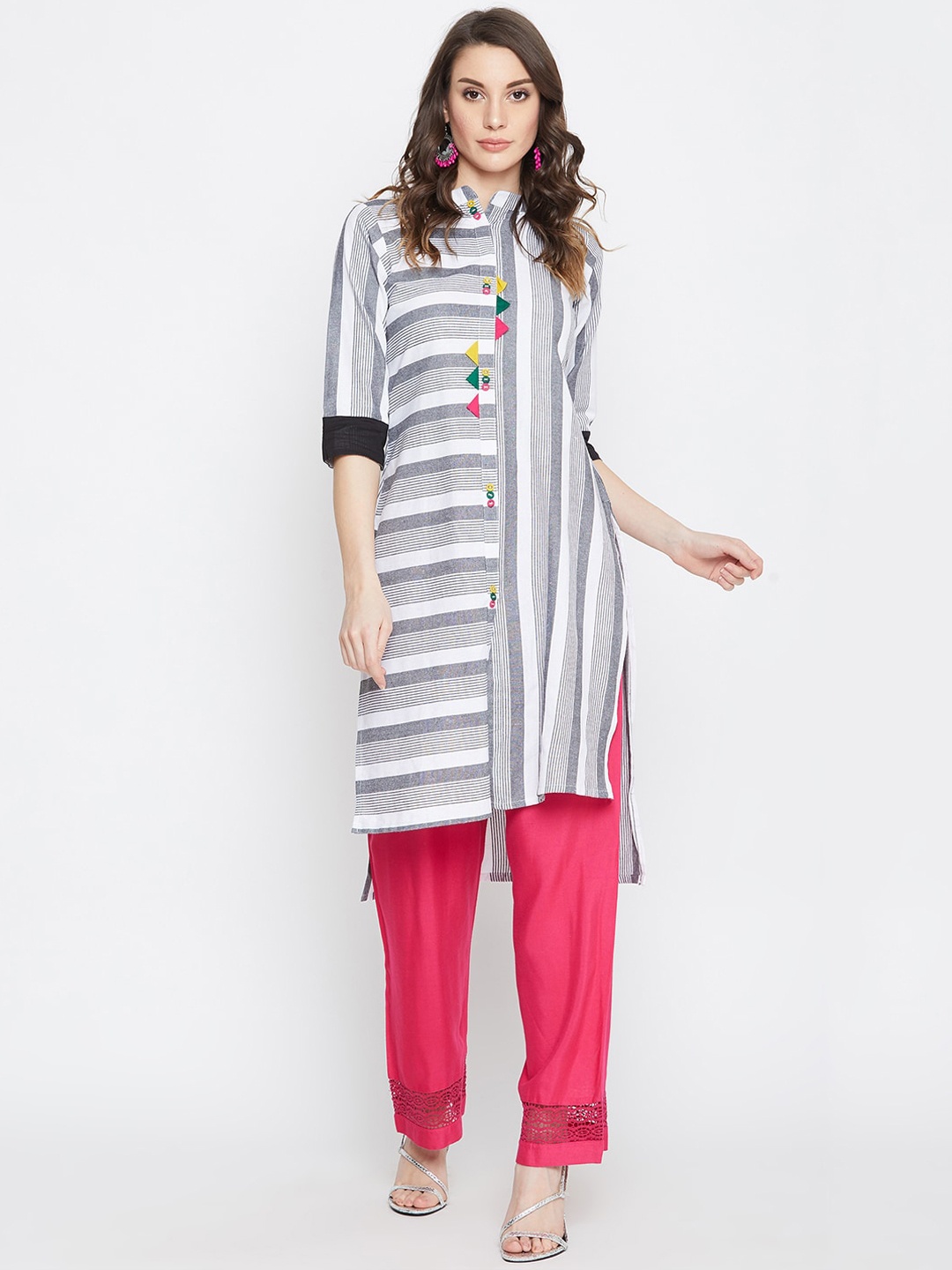 

WineRed Women White Striped A-Line Kurta