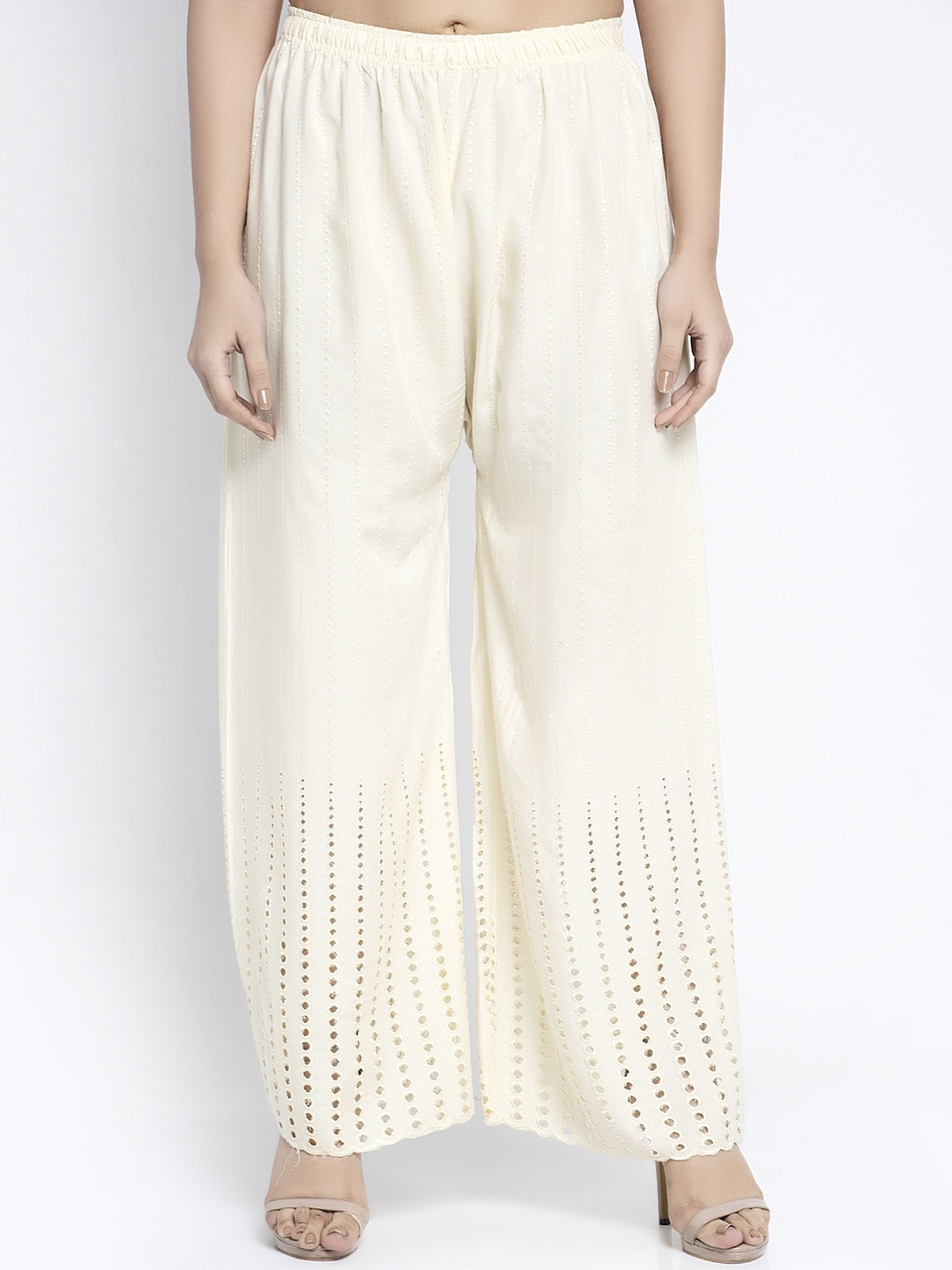 

GRACIT Women Off-White Embroidered Flared Palazzos