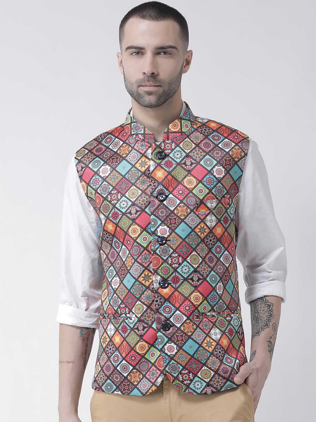 

Hangup Men Red & Blue Printed Woven Nehru Jacket