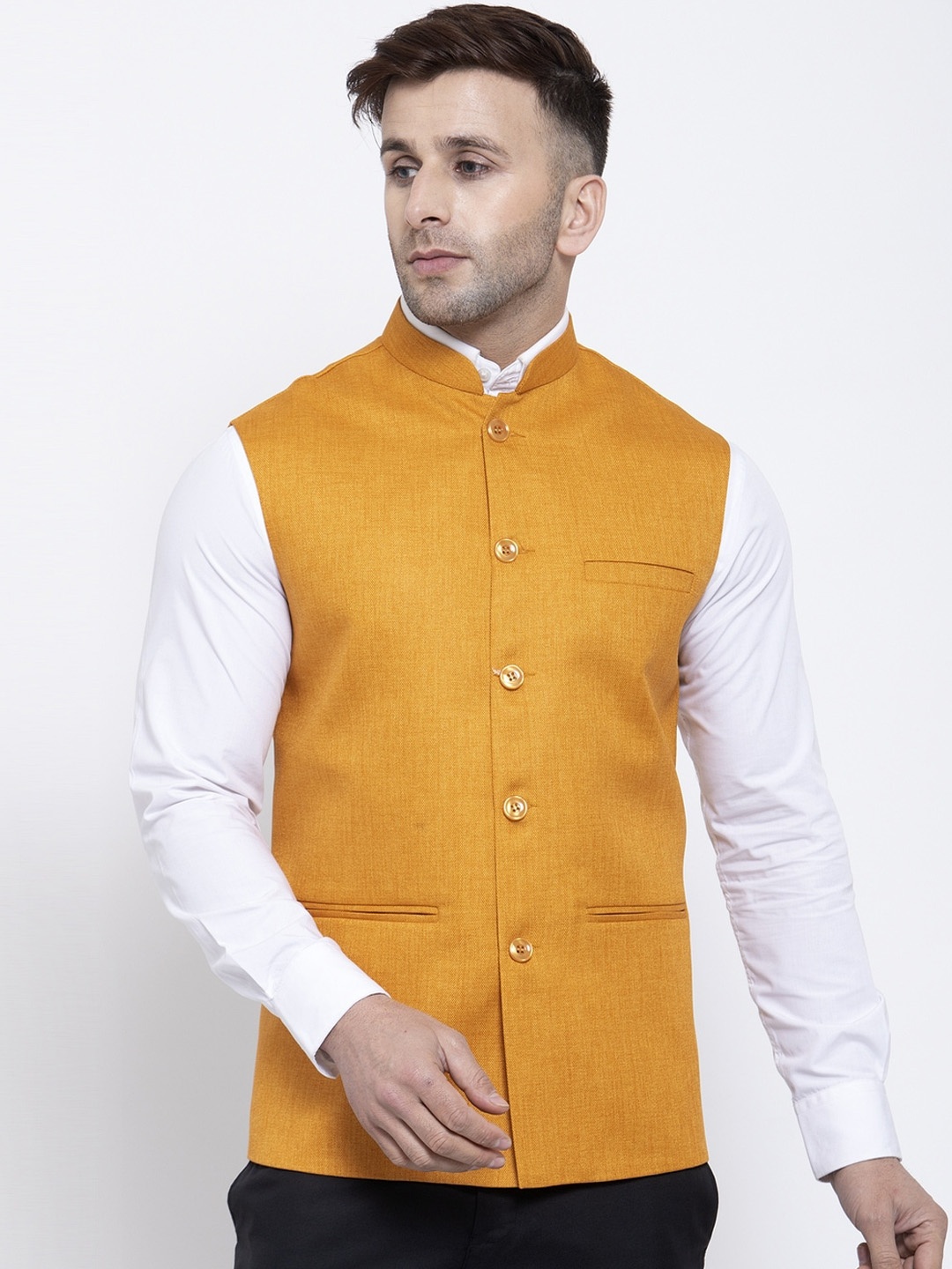 

Badoliya & Sons Men Mustard-Yellow Jute Nehru Jacket