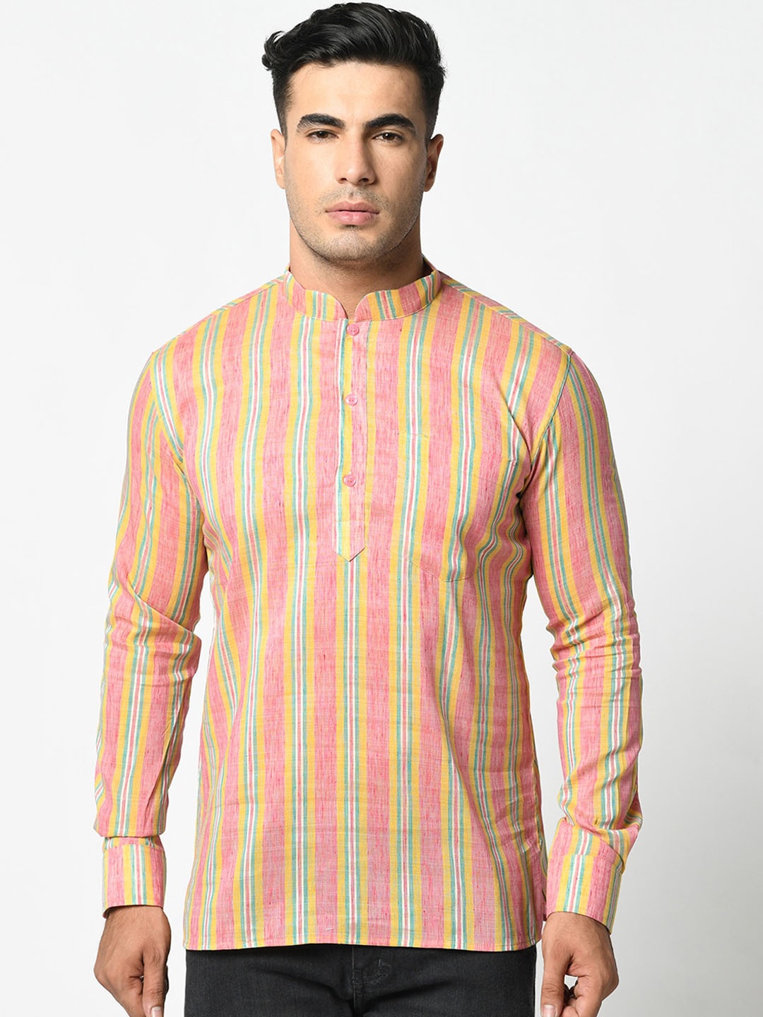 

LAMAAYA Men Coral Pink & Green Striped Straight Kurta