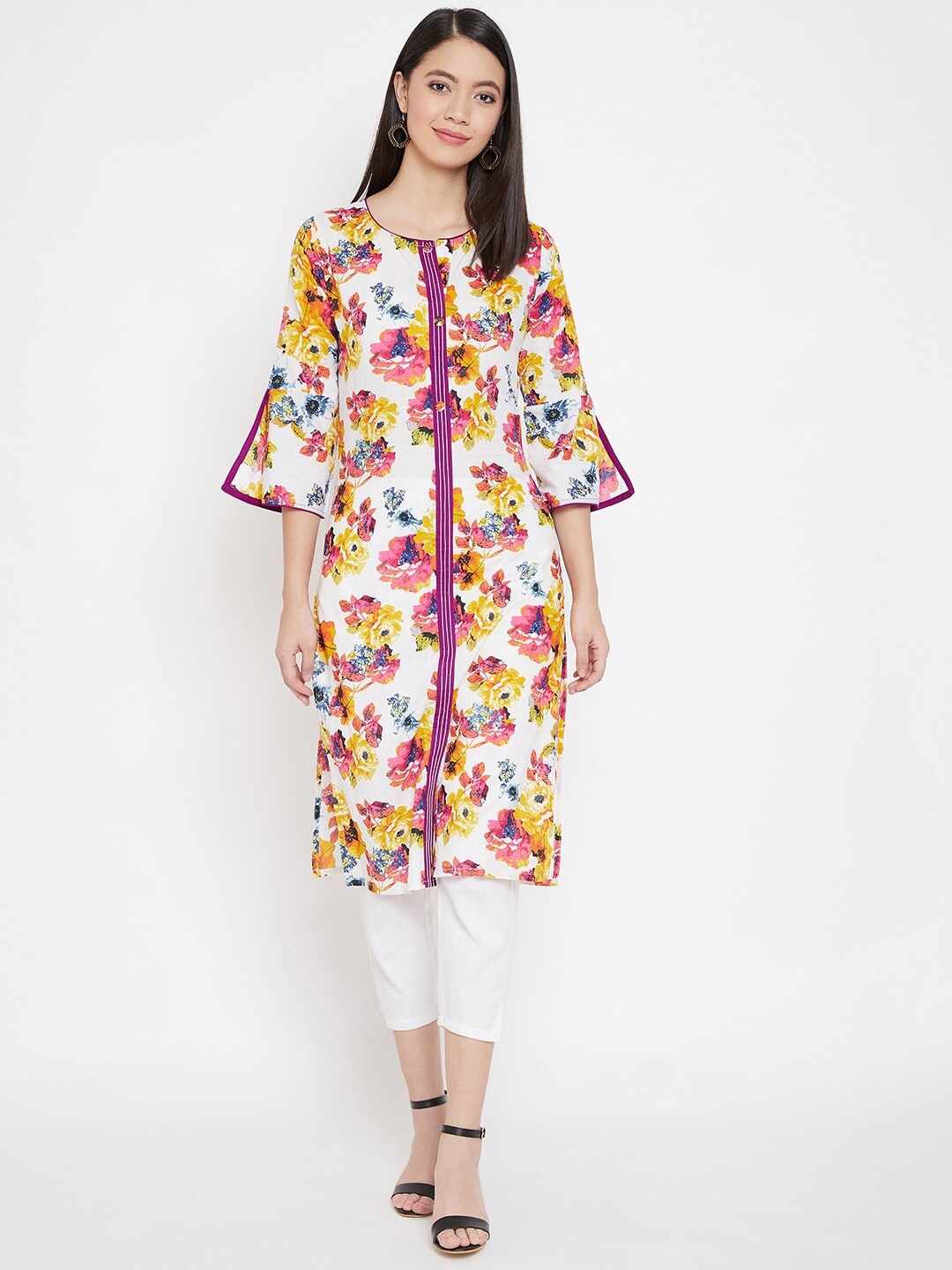 

WineRed Women White & Pink Printed Straight Kurta