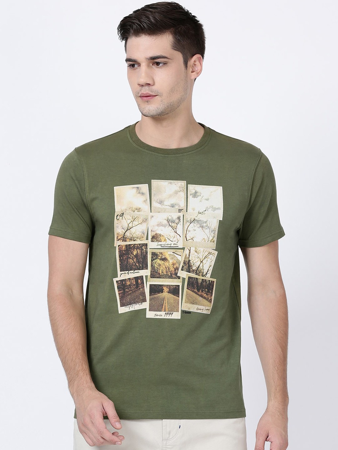 

t-base Men Olive Green Printed Round Neck Pure Cotton T-shirt