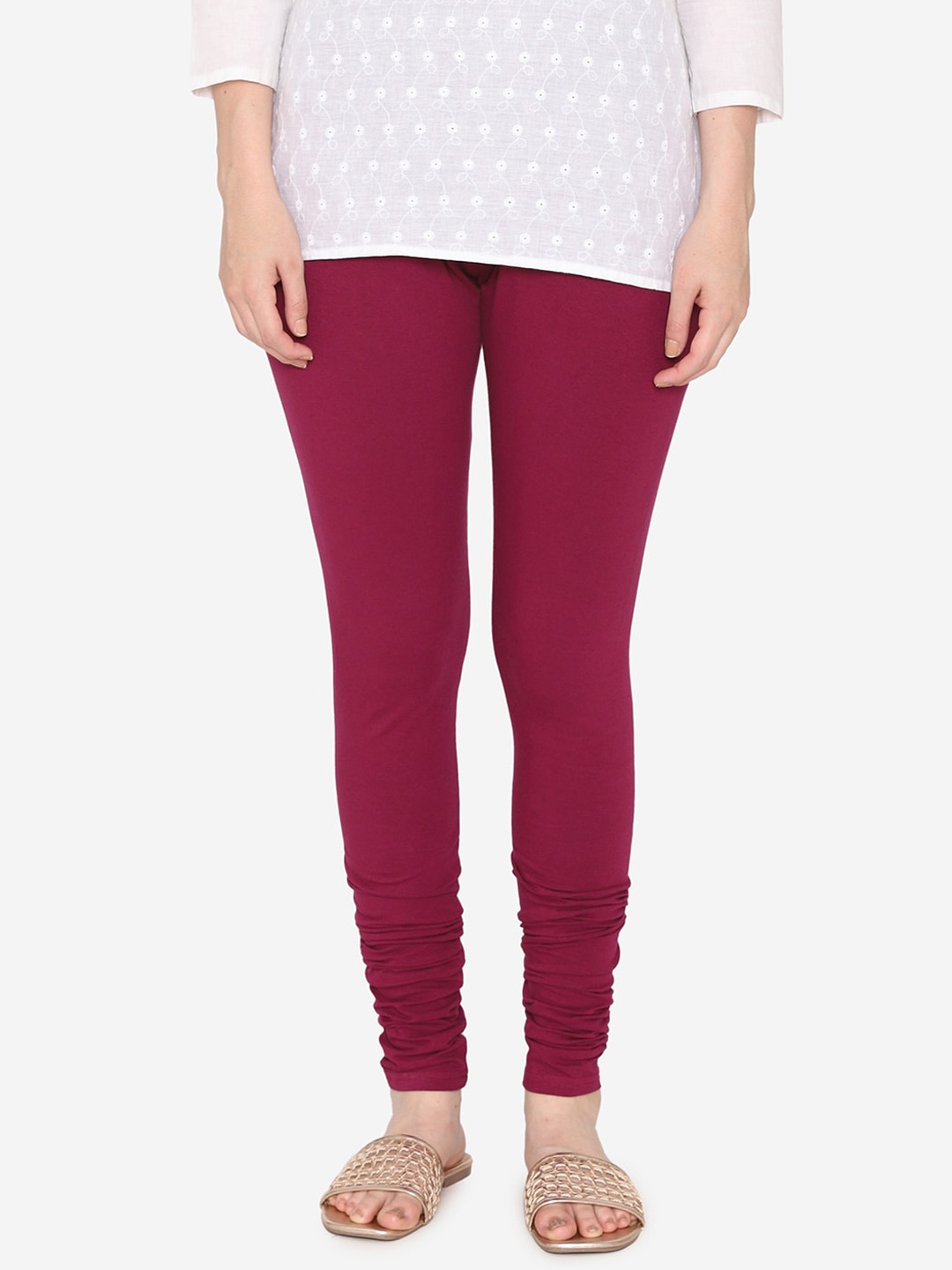 

Vami Women Burgundy Solid Churidar-Length Leggings