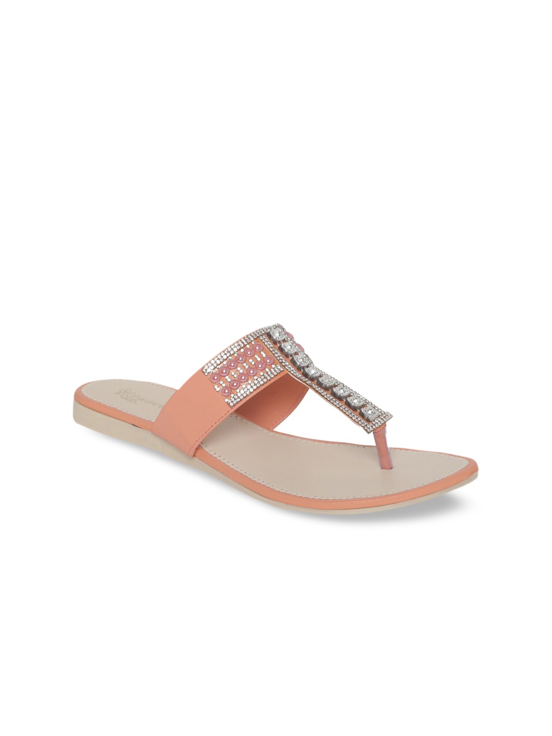 

Padvesh Women Peach-Coloured Embellished T-Strap Flats