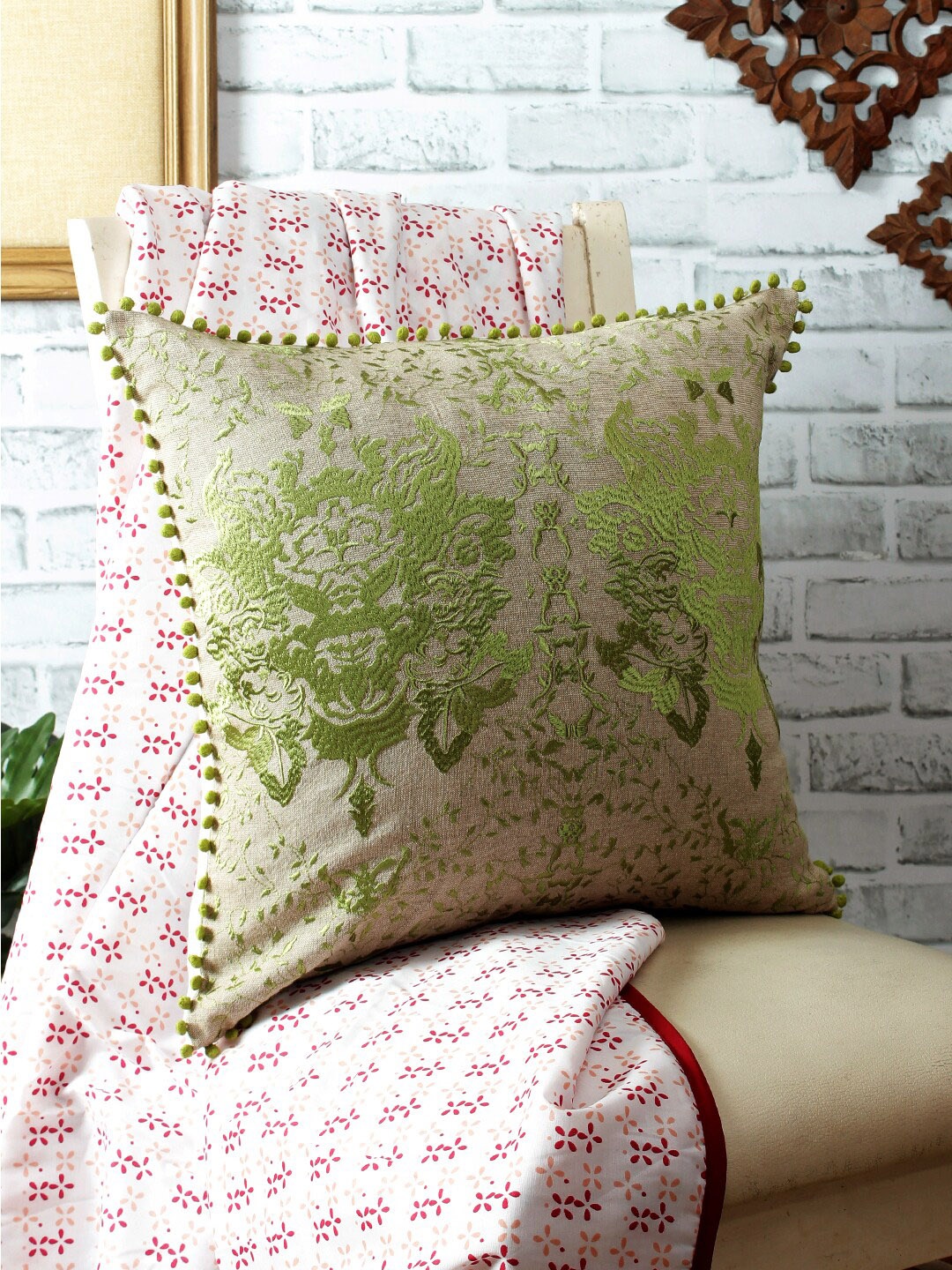 

REME Beige & Green Single Embroidered Square Cushion Covers