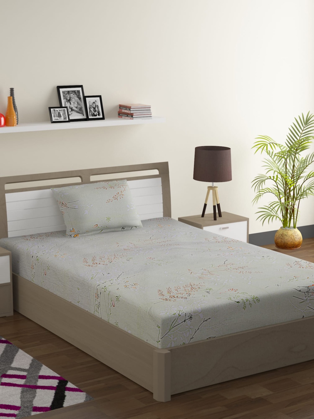 SWAYAM Grey & Orange Floral 144 TC Cotton 1 Single Bedsheet with 1 Pillow Covers