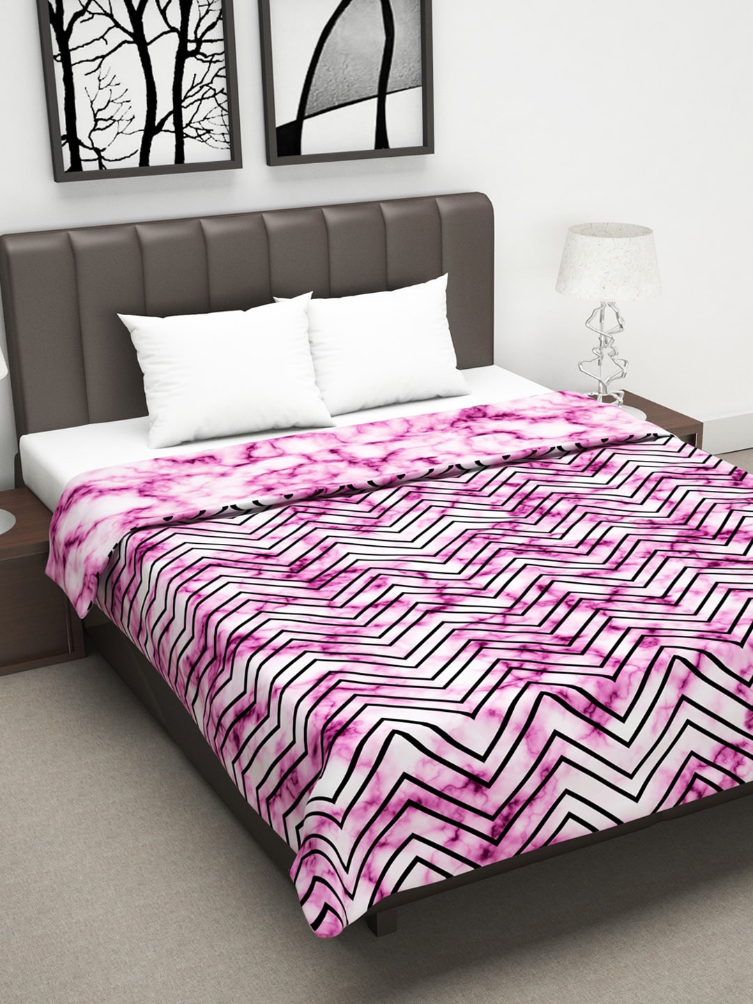 

Divine Casa Pink & White Abstract AC Room 110 GSM Reversible Double Bed Dohar