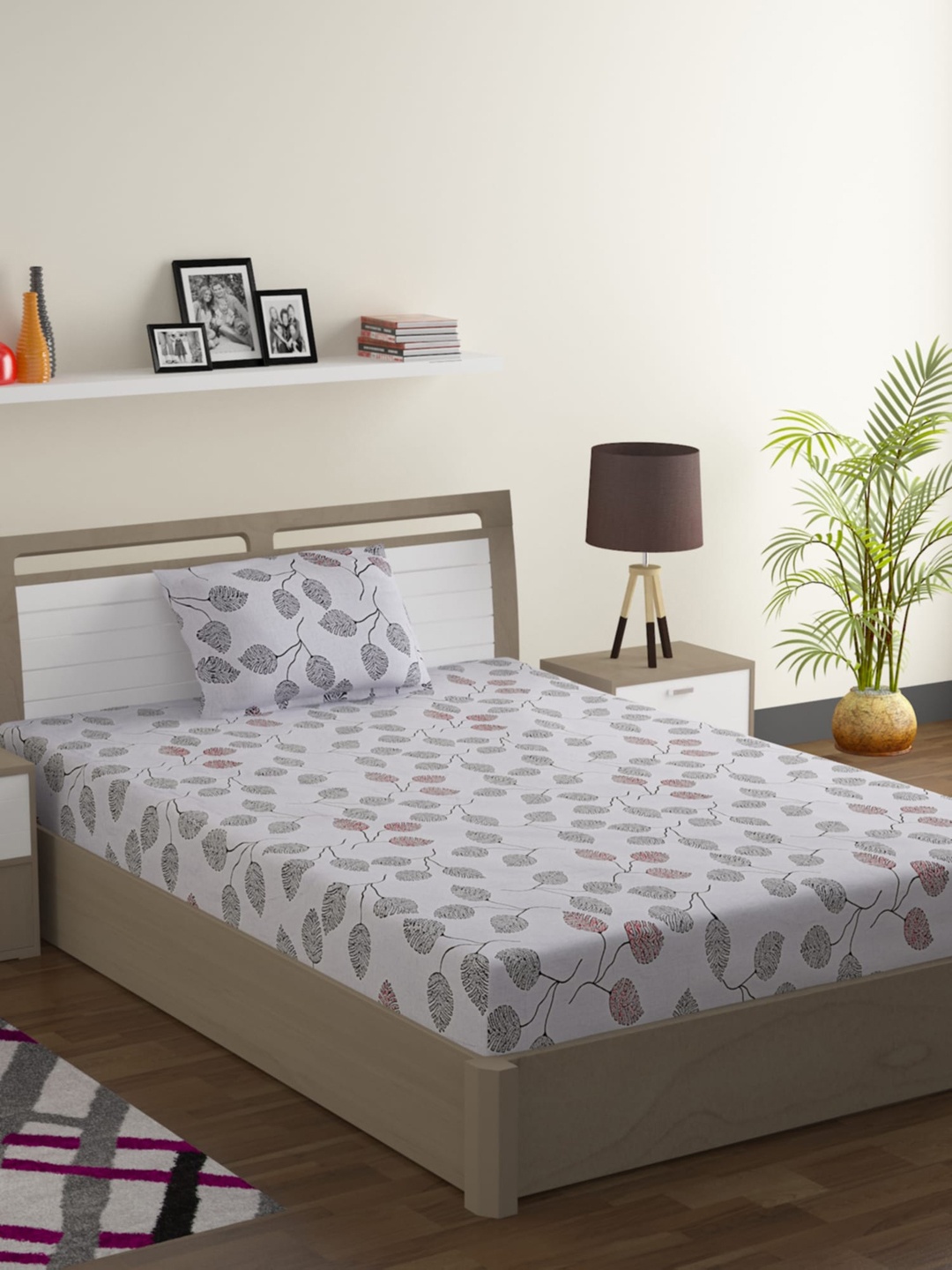 

SWAYAM White & Black Floral 144 TC Cotton 1 Single Bedsheet with 1 Pillow Covers