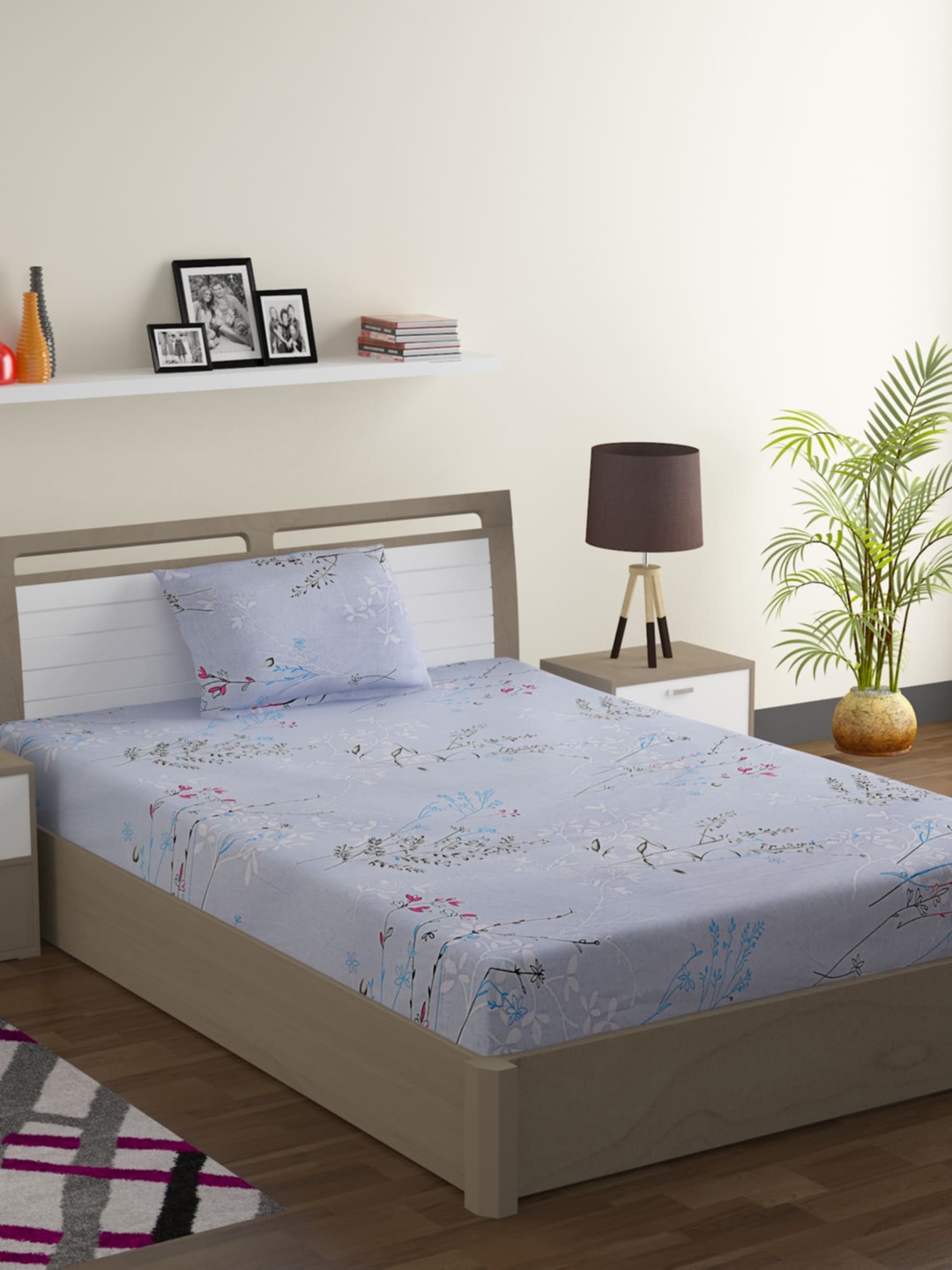 

SWAYAM Blue Floral 144 TC Cotton 1 Single Bedsheet with 1 Pillow Covers