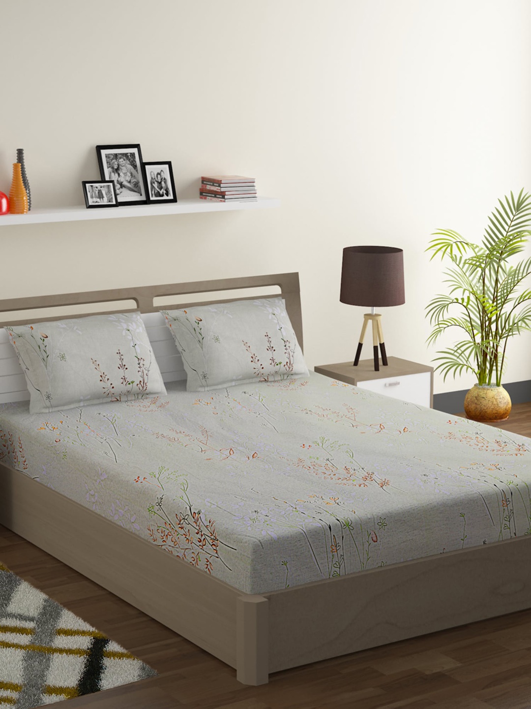 

SWAYAM Grey & Brown Floral 144 TC Cotton 1 King Bedsheet with 2 Pillow Covers
