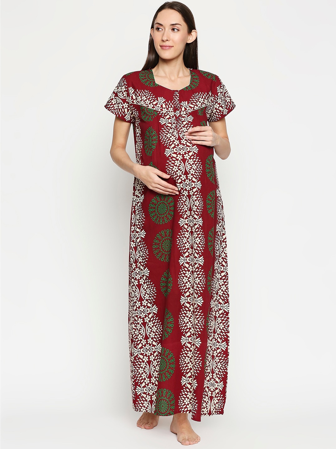 

AV2 Ethnic Motifs Printed Pure Cotton Maternity Maxi Nightdress, Maroon