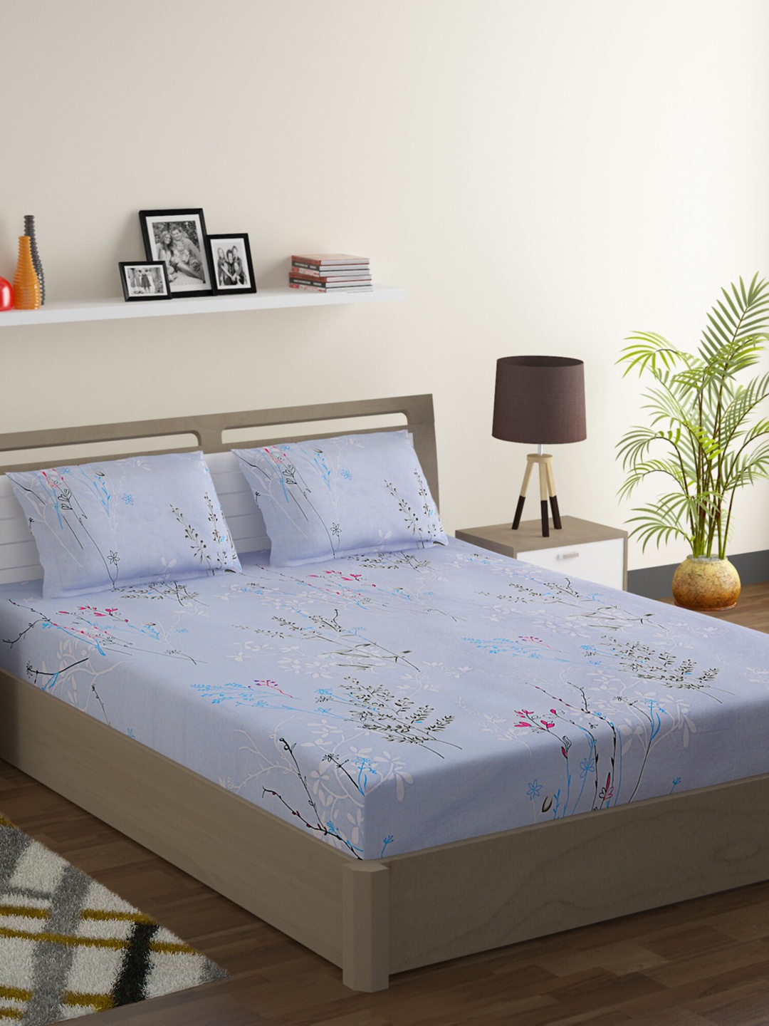 

SWAYAM Blue & Black Floral 144 TC Cotton 1 King Bedsheet with 2 Pillow Covers