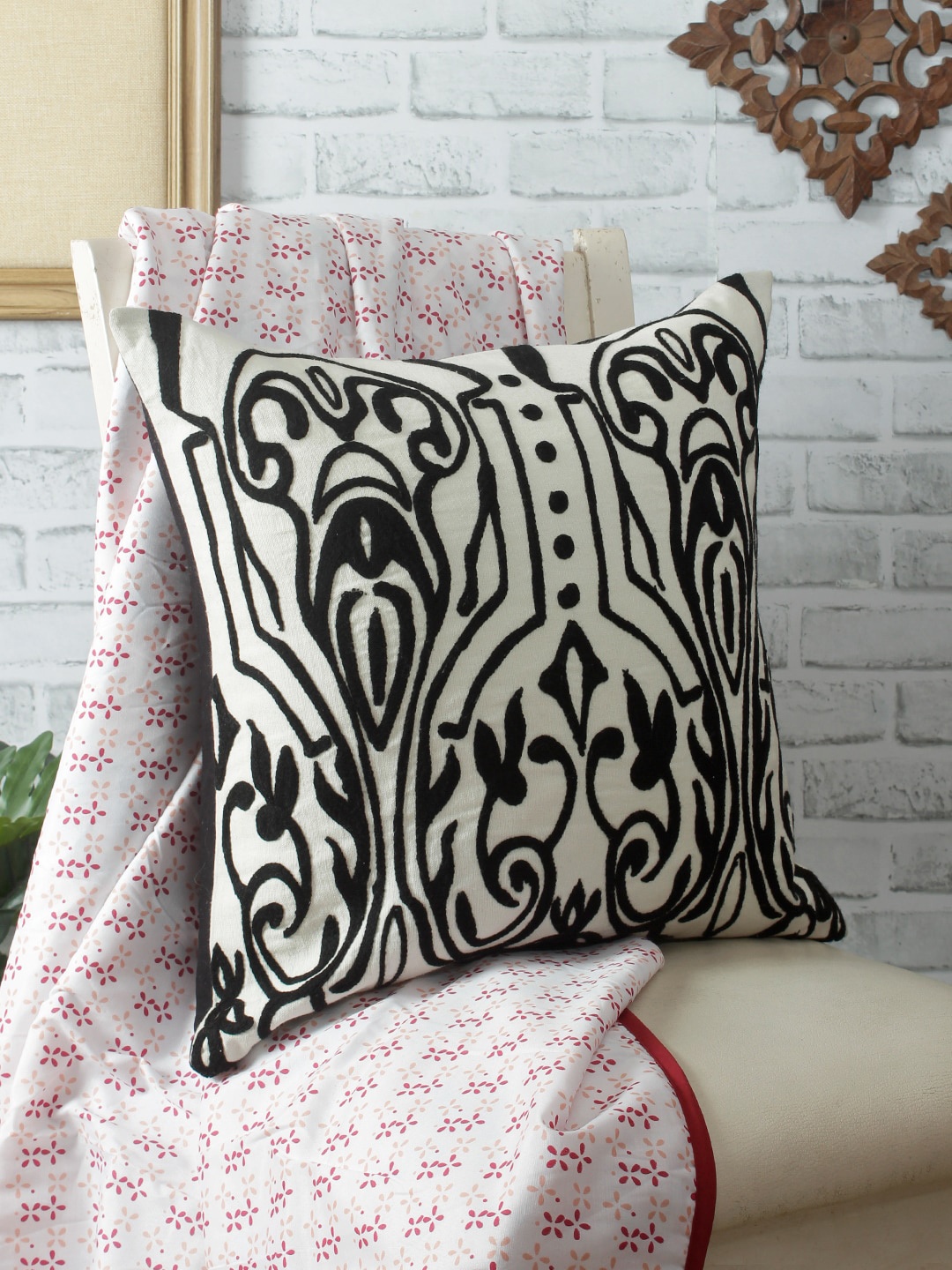 

REME White & Black Embroidered Square Pure Organic Cotton Cushion Cover