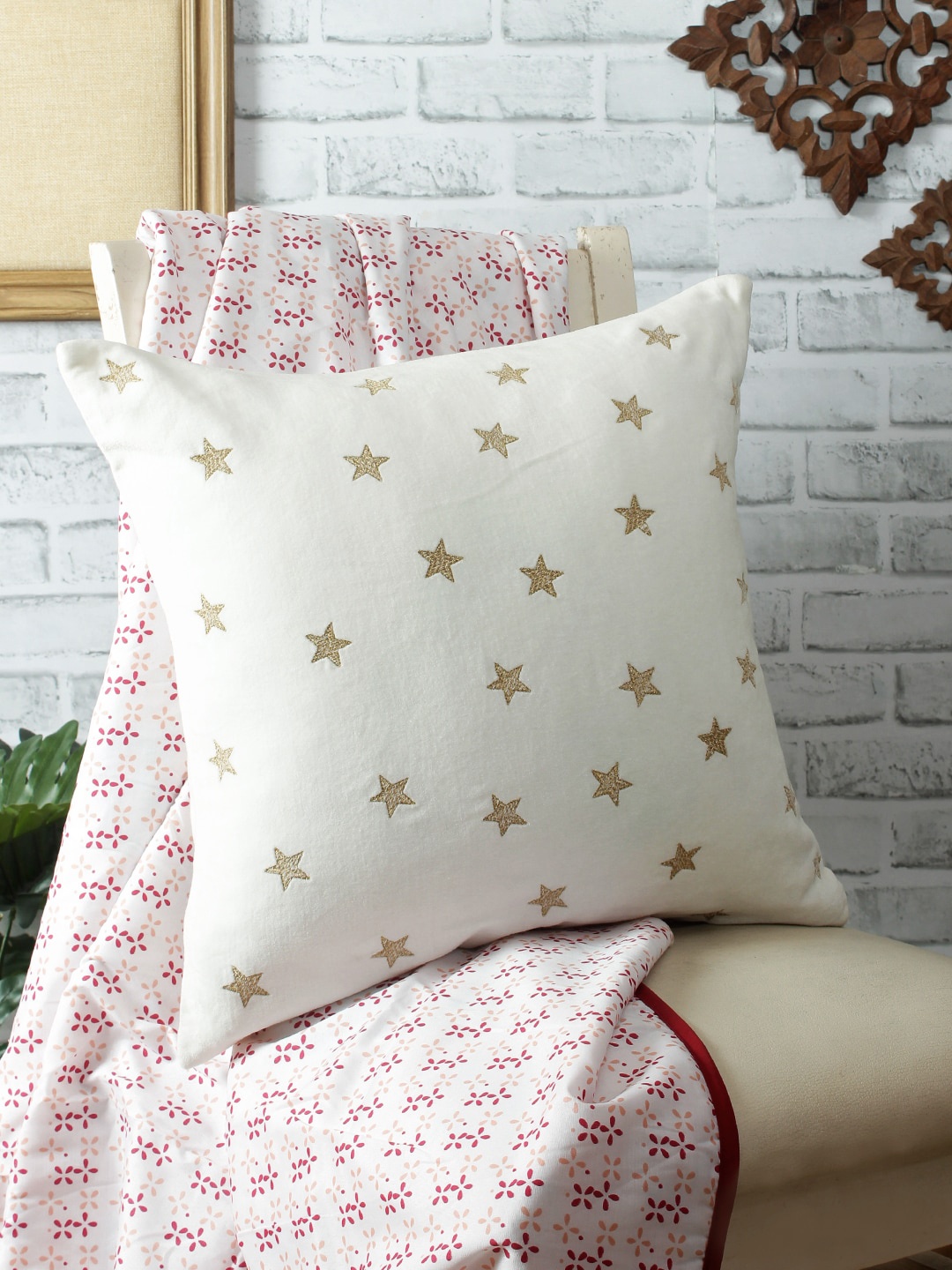 

REME Cream-Coloured & Gold-Toned Single Embroidered Square Organic Velvet Cushion Cover