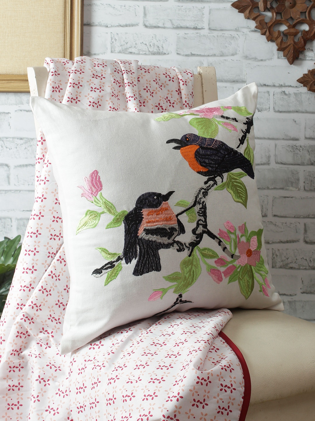 

REME White & Black Embroidered Square Pure Organic Cotton Cushion Cover