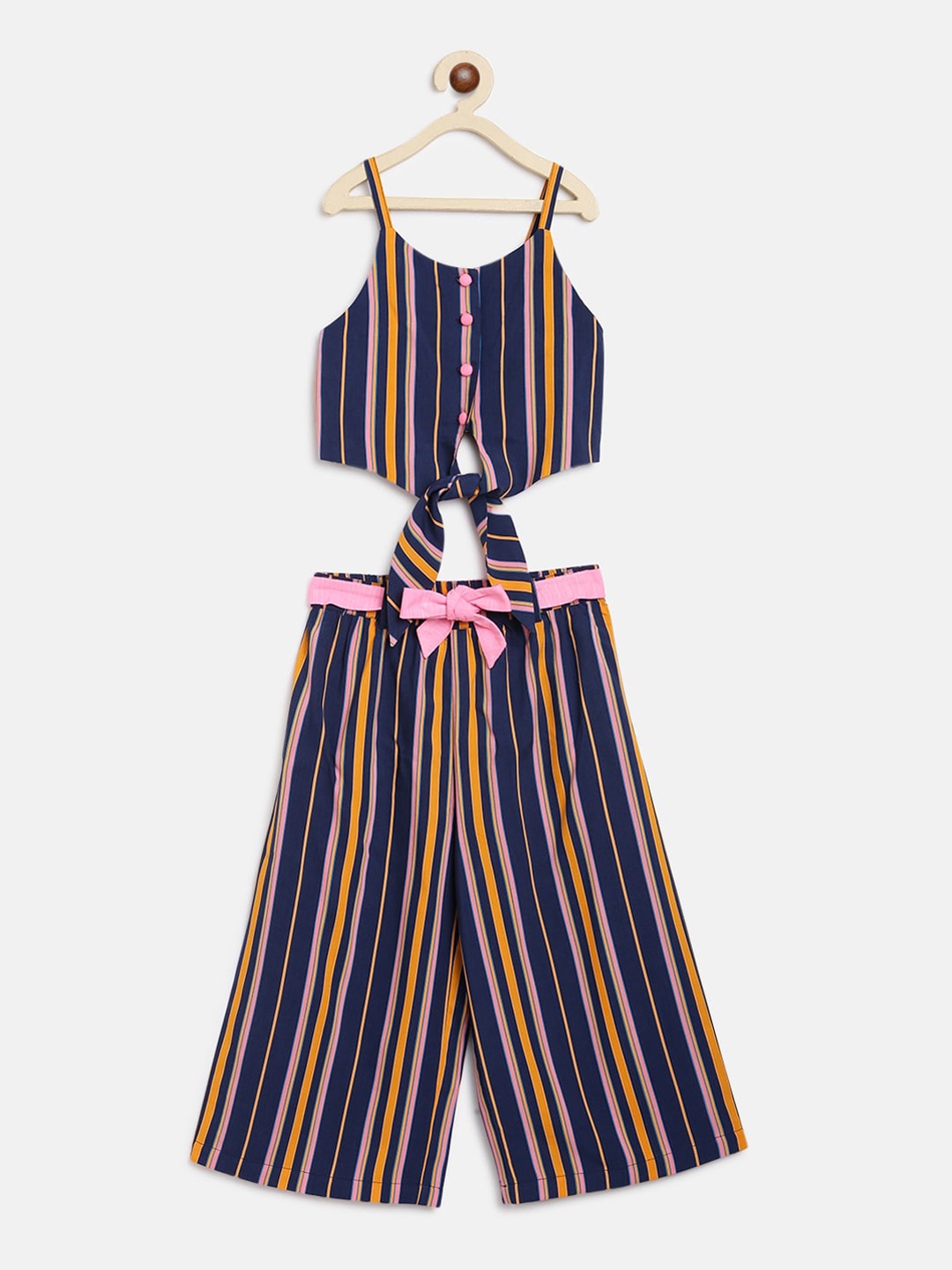 Nauti Nati Girls Navy Blue & Orange Striped Top with Palazzos