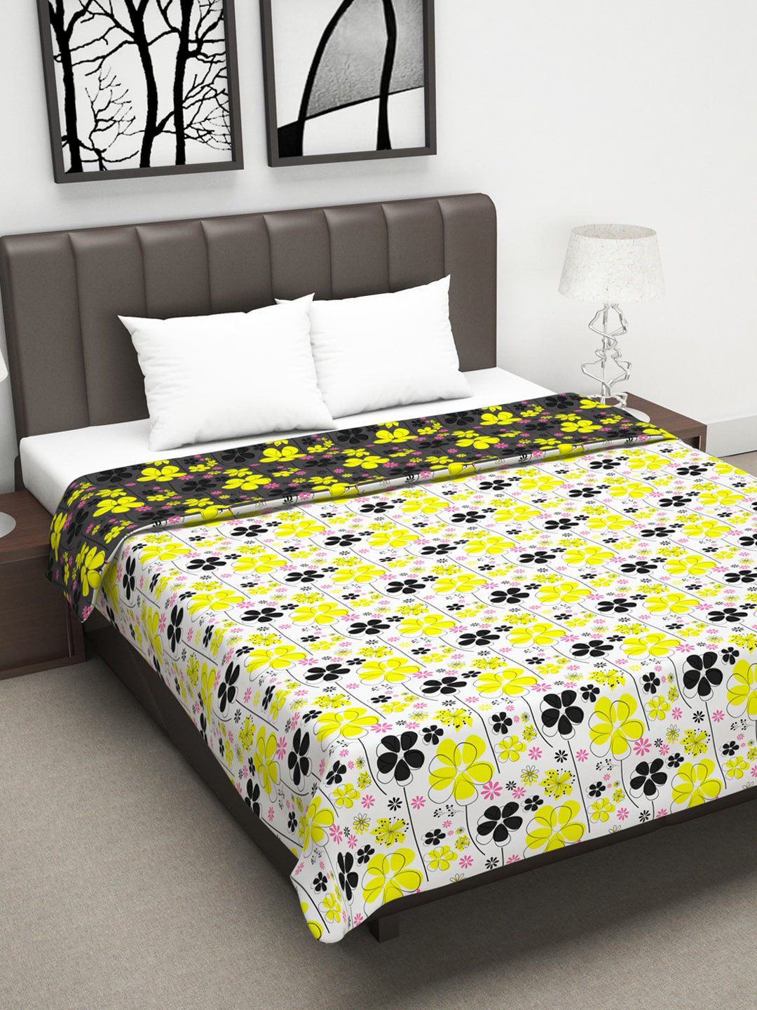 

Divine Casa Grey & Yellow Floral AC Room 110 GSM Double Bed Dohar