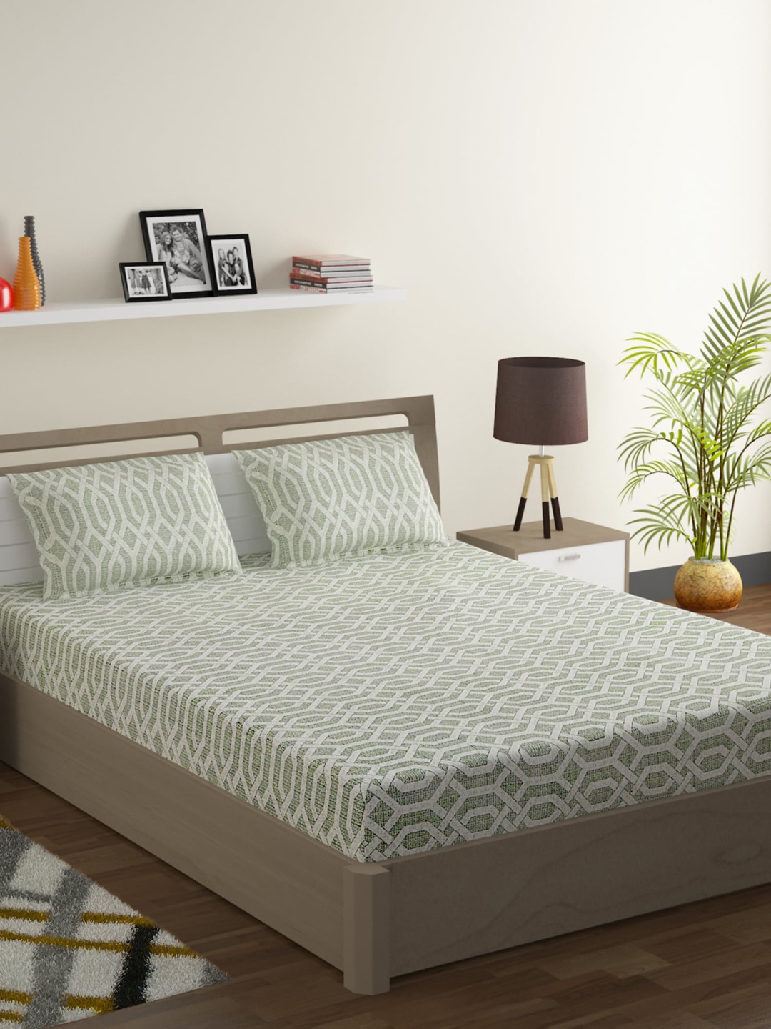 

SWAYAM Green & White Geometric 120 TC Cotton 1 King Bedsheet with 2 Pillow Covers