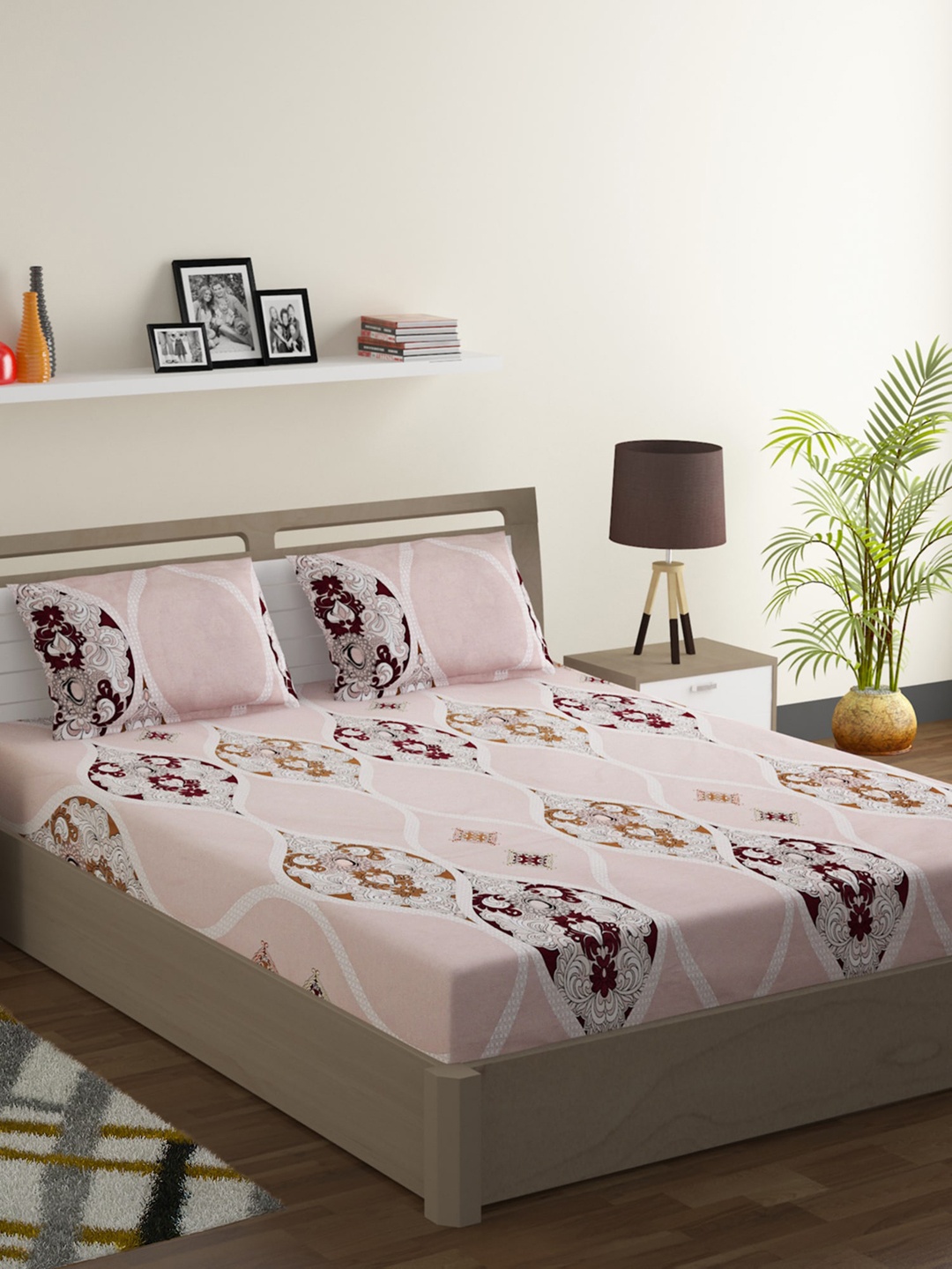 SWAYAM Pink & White Ethnic Motifs 144 TC Cotton 1 King Bedsheet with 2 Pillow Covers
