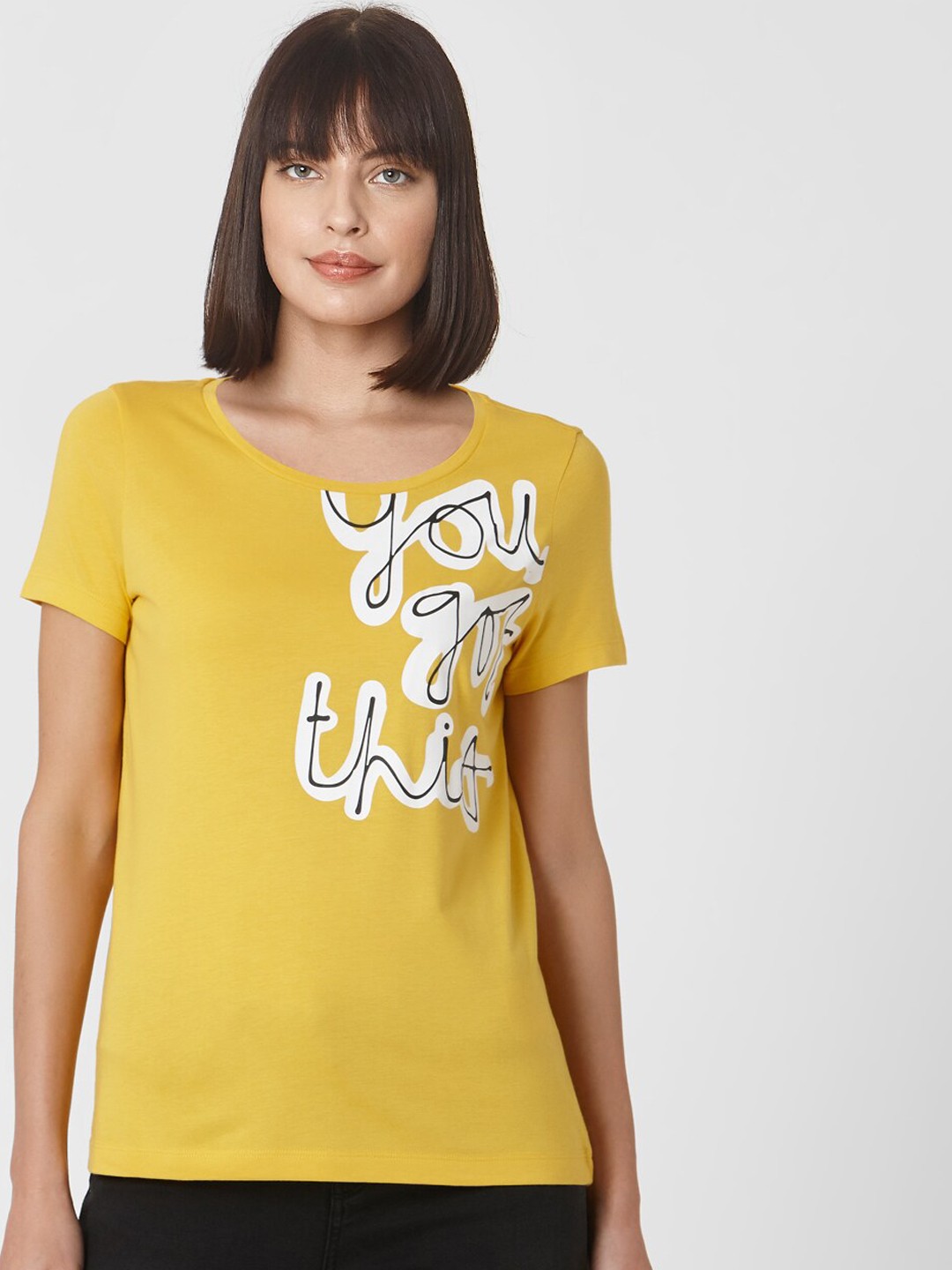 

Vero Moda Women Yellow Printed Round Neck Cotton T-shirt