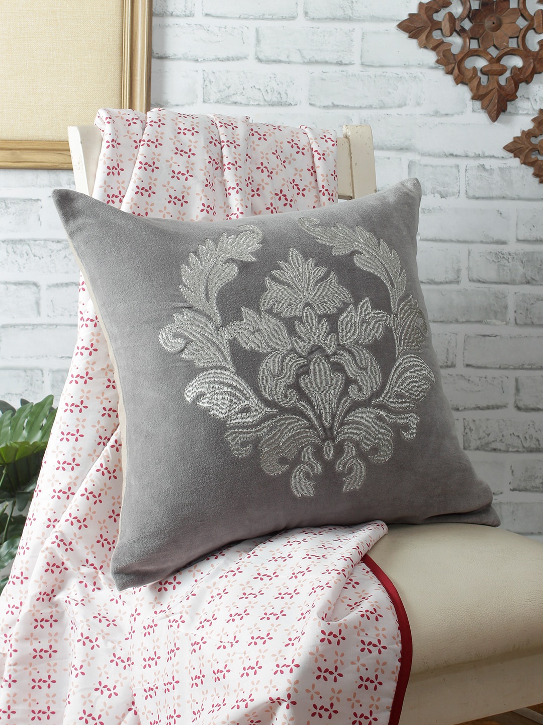 

REME Unisex Grey Organic Velvet & Cotton Embroidered Single Square Cushion Cover