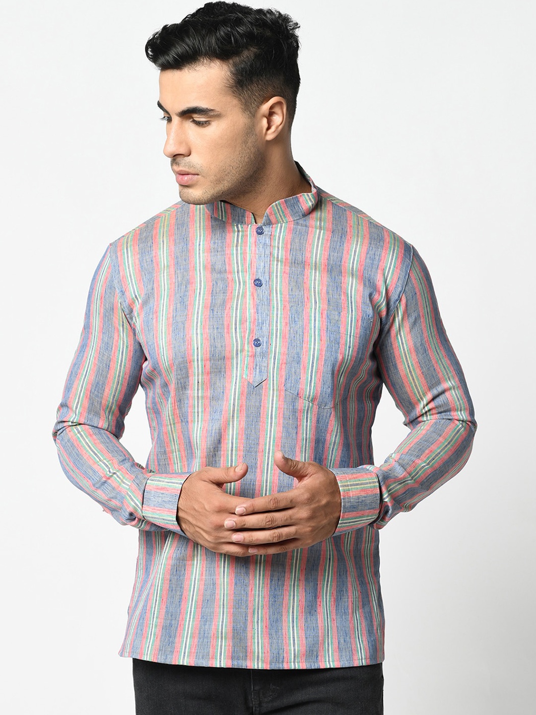

LAMAAYA Men Blue & Green Striped Straight Kurta