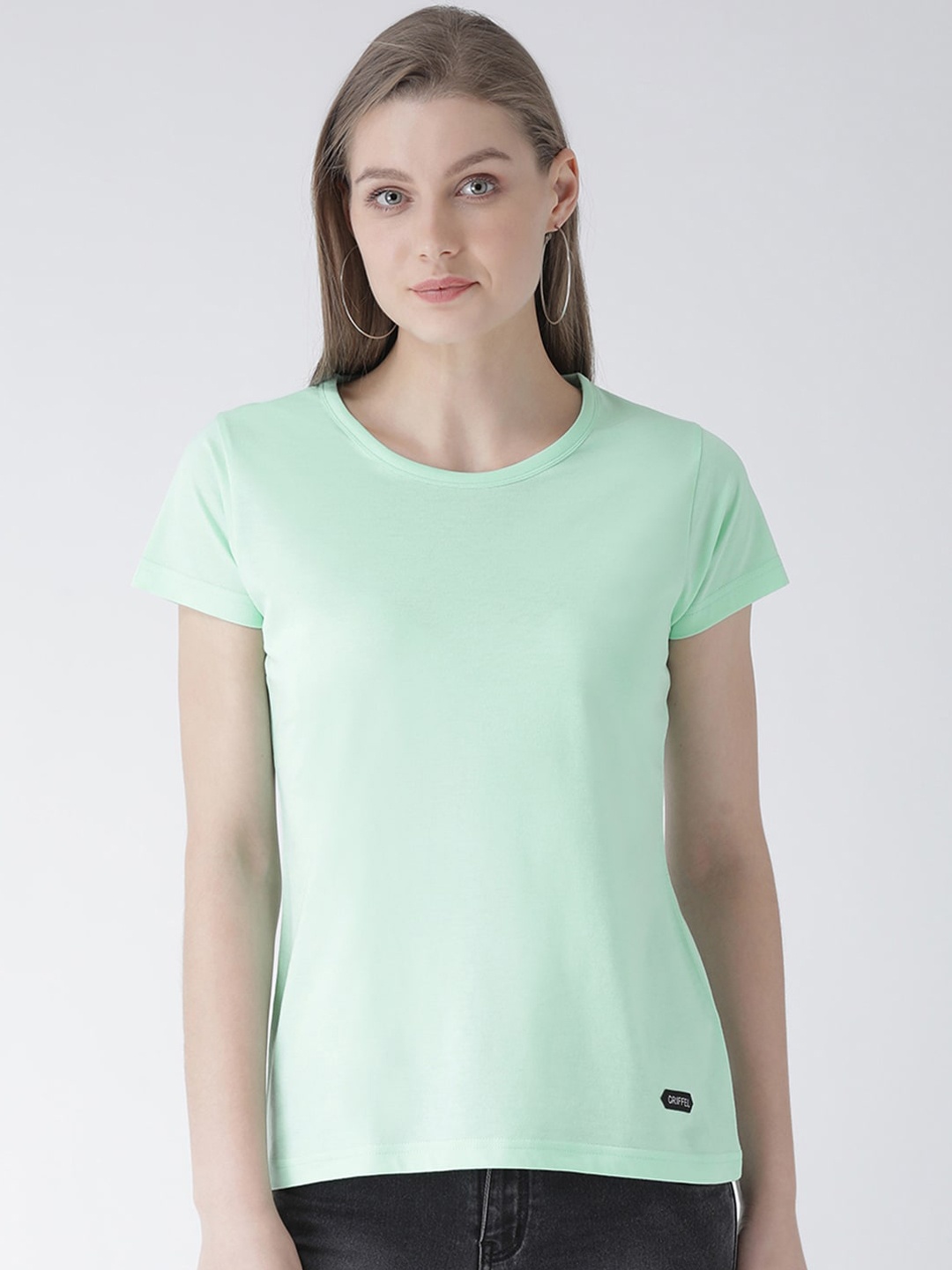 

GRIFFEL Women Sea Green Solid Round Neck T-shirt