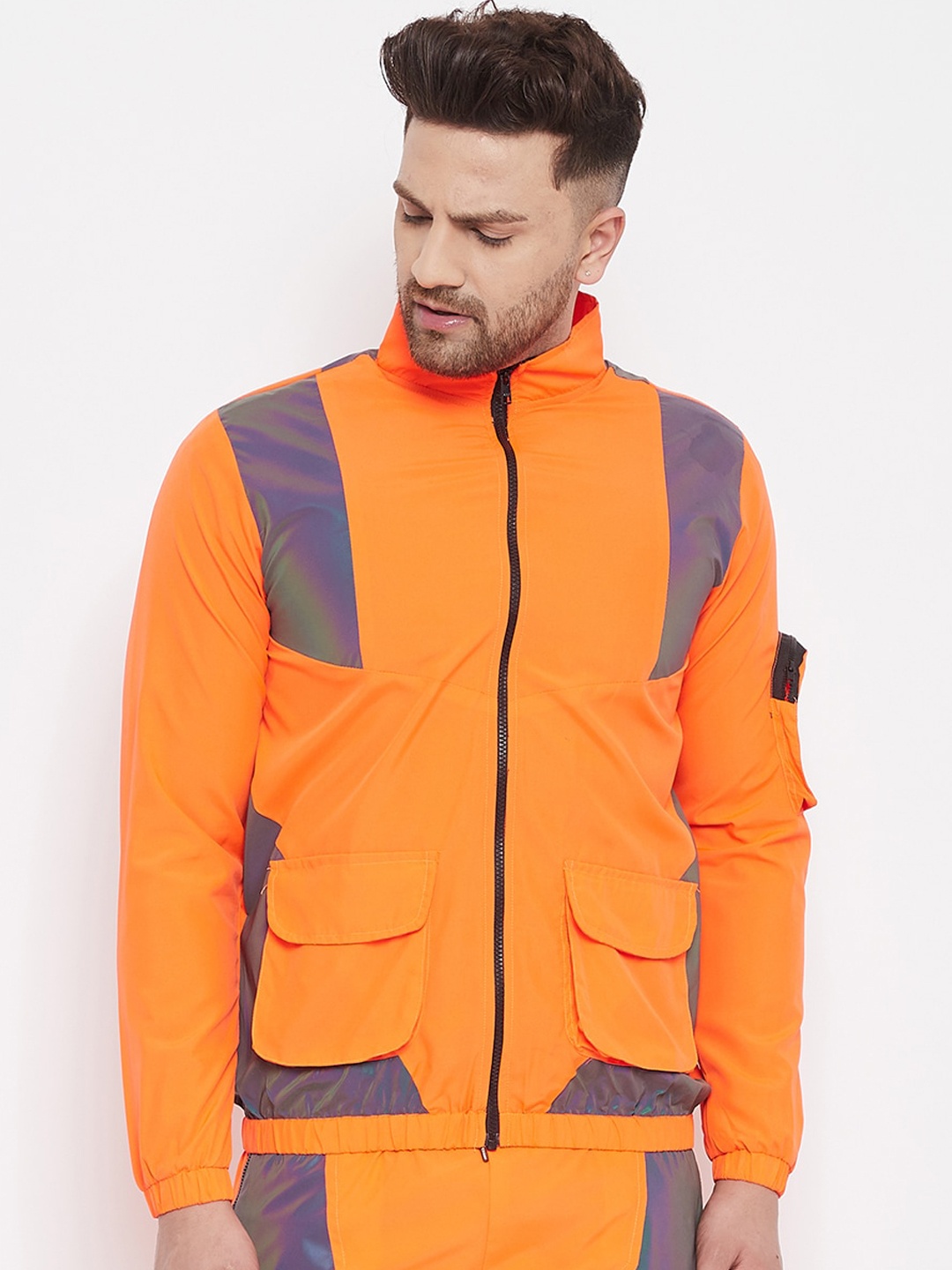 

FUGAZEE Men Orange Colourblocked Reflective Strip Sporty Jacket