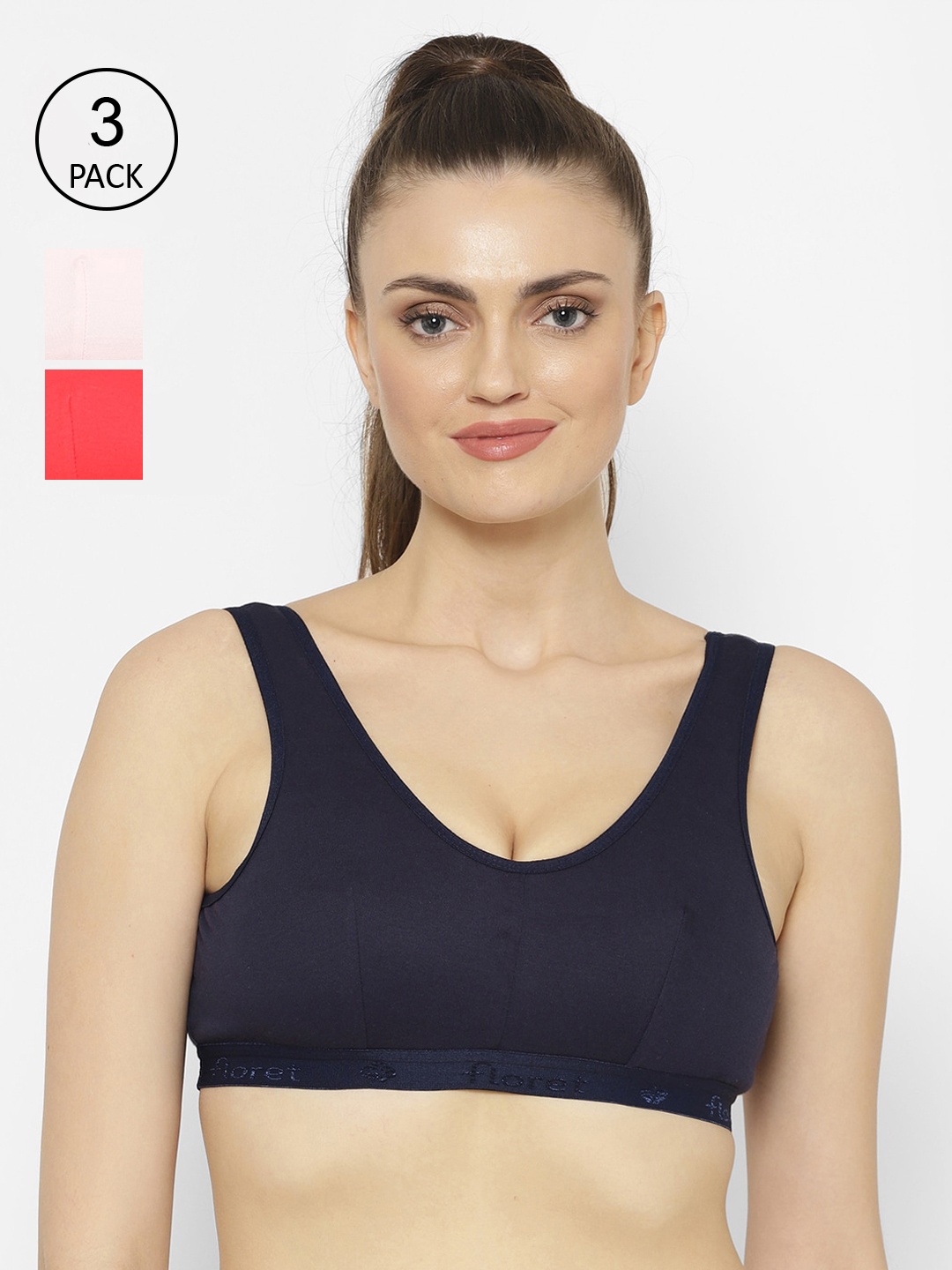 

Floret Pack Of 3 Solid Non-Wired Non Padded Workout Bra, Navy blue