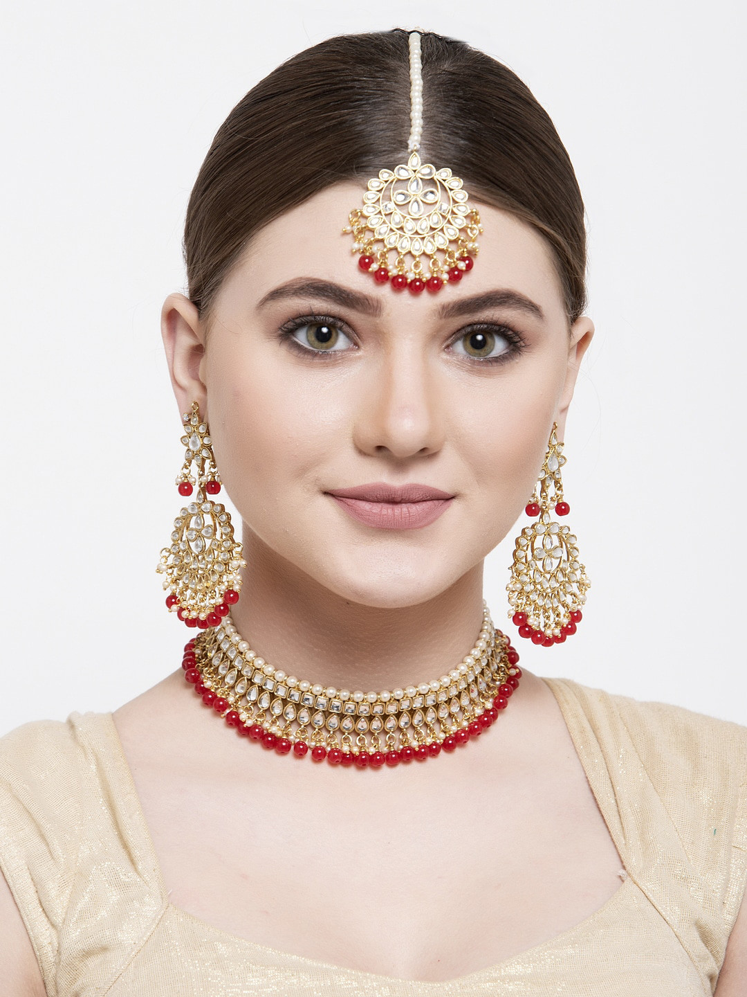 

Shining Diva Gold-Plated White Kundan-Studded Antique Jewellery Set