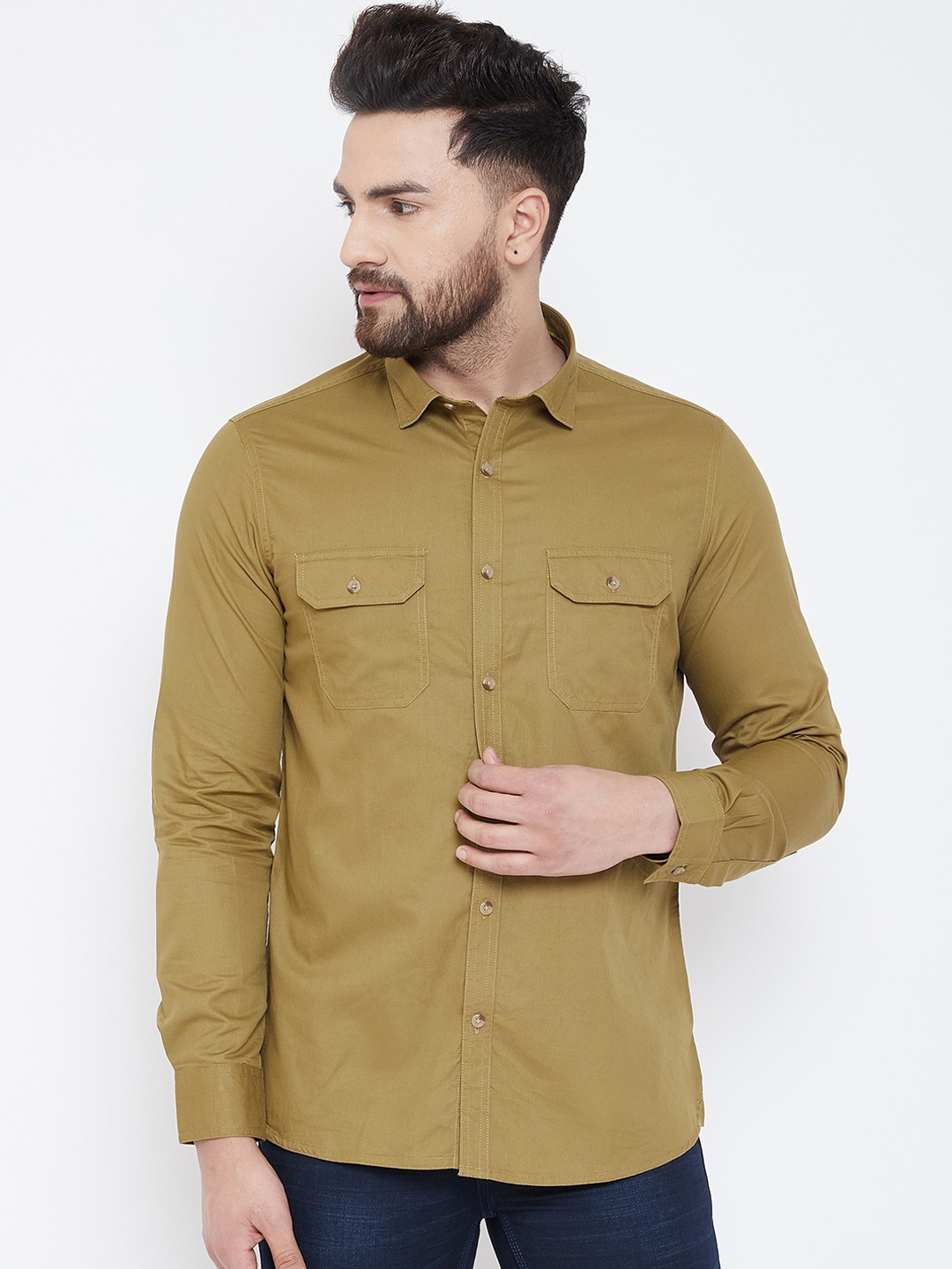 

American Archer Men Khaki Slim Fit Solid Casual Denim Shirt