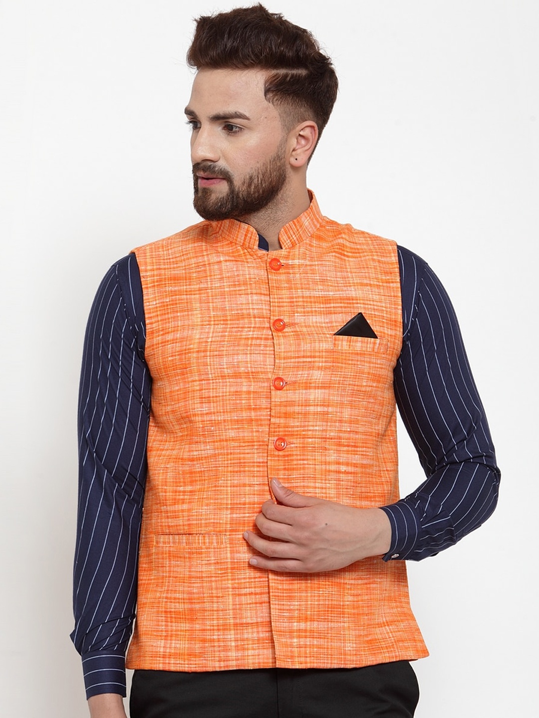 

KLOTTHE Men Orange Woven Design Cotton Nehru Jacket