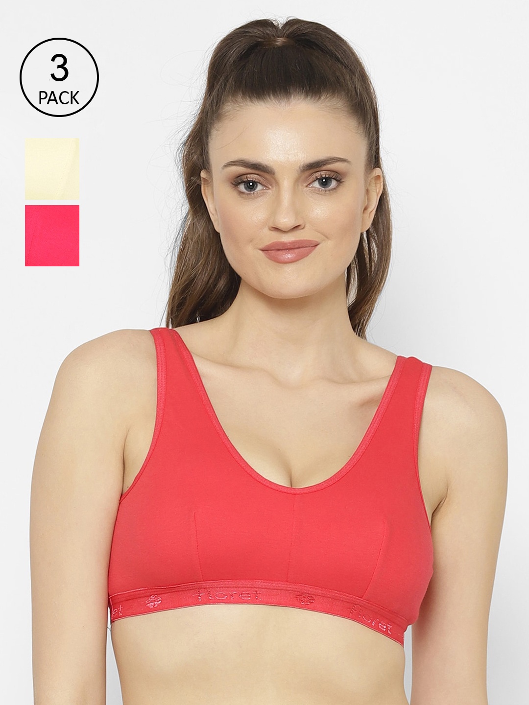 

FloretPack Of 3 Solid Non-Wired Non Padded Workout Bra, Red