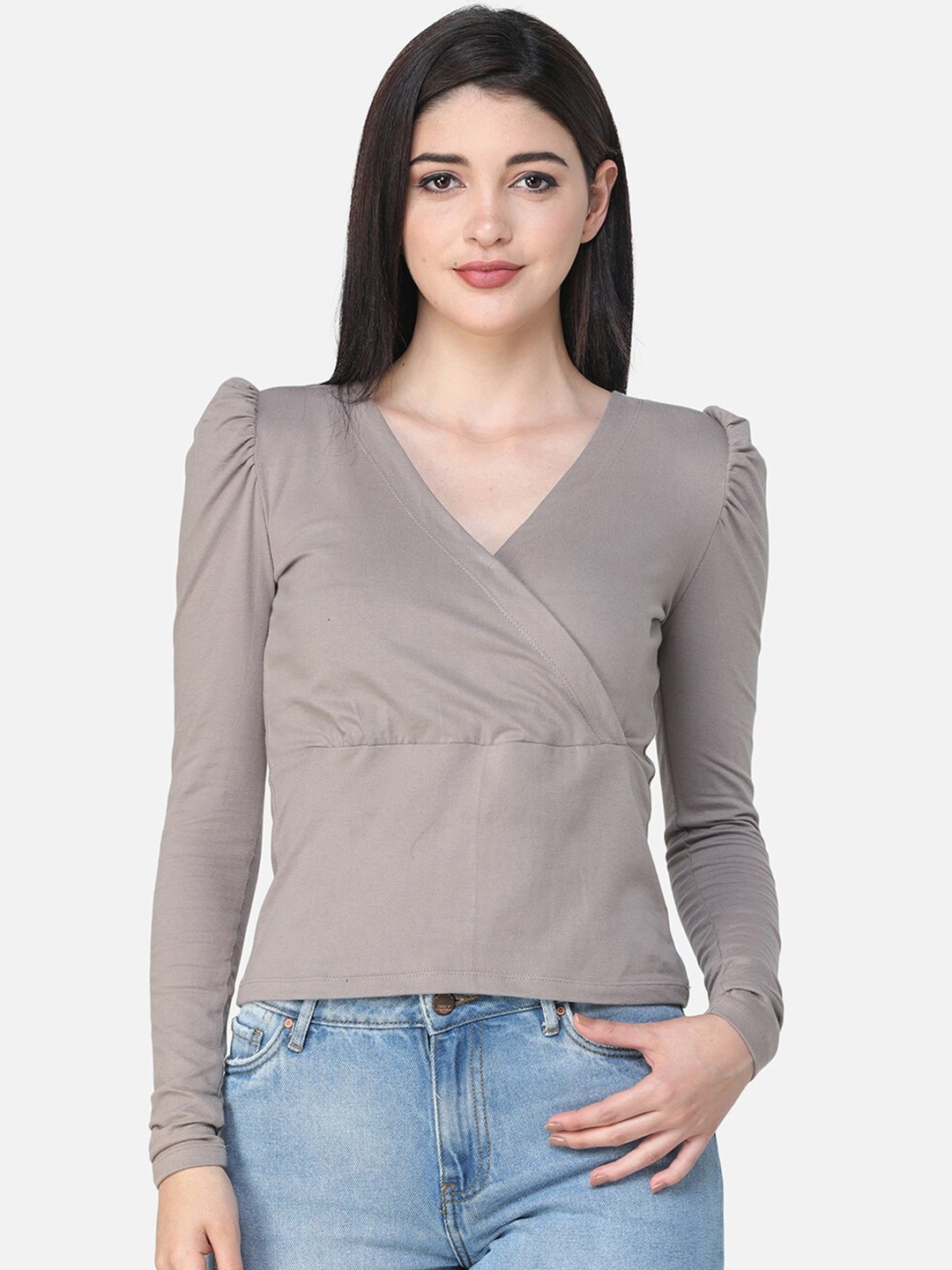 SCORPIUS Women Grey Melange Solid Empire Top