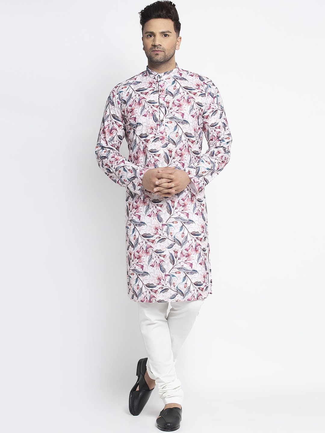 

Benstoke Men Pink & White Printed Kurta with Churidar