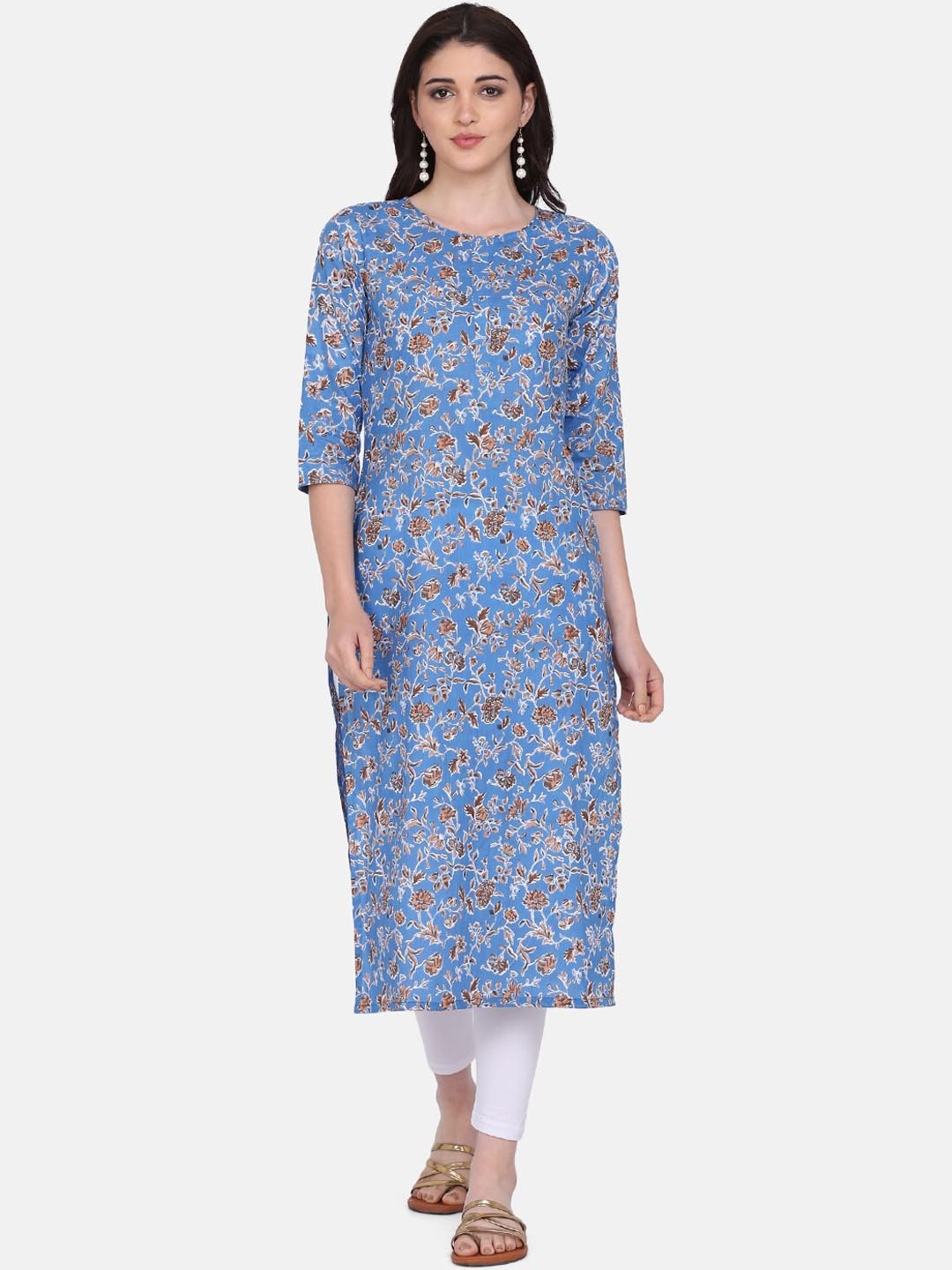 Saanjh Women Blue & Brown Floral Printed Straight Kurta
